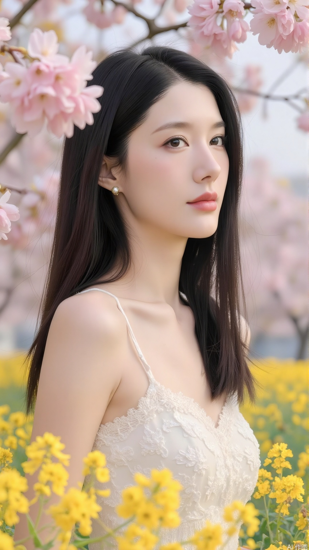 Golden rapeseed flowers and pink cherry blossoms complement each other, creating a colorful scene.a sexy woman gazes into the distance. With long, straight black hair and a languid, mysterious look in her eyes, her fair and radiant skin stands out. Cherry blossoms form a cloud-like canopy, and as the breeze passes, petals gently drift down, creating a serene and enchanting atmosphere. Soft natural light bathes her, with distinct light and shadow layers that accentuate her contours. The photo is taken with a Fujifilm X-T4, aperture f/3.5, shutter speed 1/125 second, ISO 100. The overall tone is dominated by light pink and beige, evoking a fresh and elegant style. A slight soft light effect is added to enhance the gentle beauty of the scene.