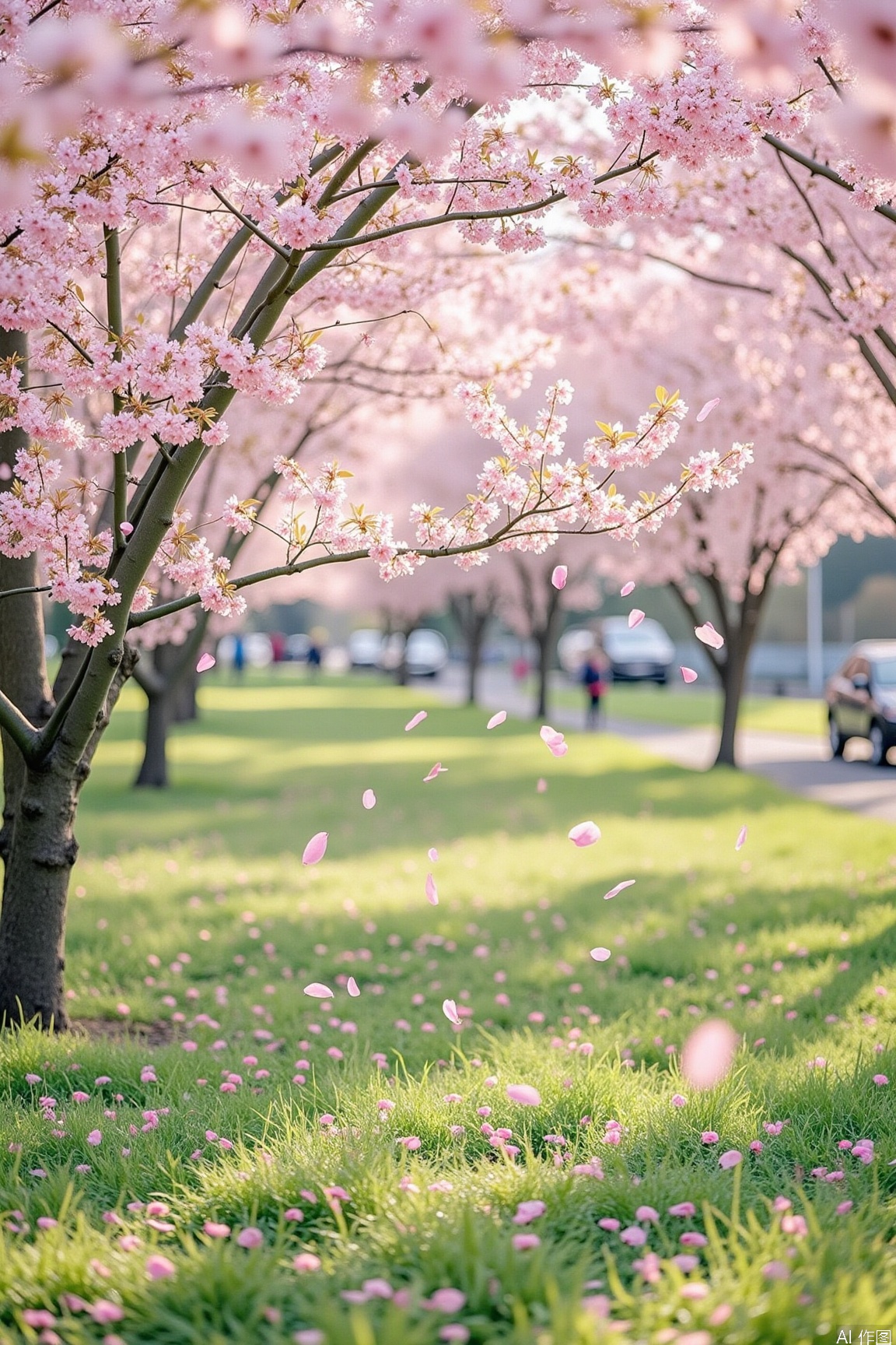 Under the cherry blossom trees, petals fall with the wind, creating a romantic petal shower. Using a mirrorless camera with a wide - angle lens, the aperture is set to f/4, shutter speed at 1/250 seconds, and ISO 200. The overall color tone is a refreshing mix of green and pink, showcasing the vitality of spring. Some light and shadow effects are added to make the image more vivid.