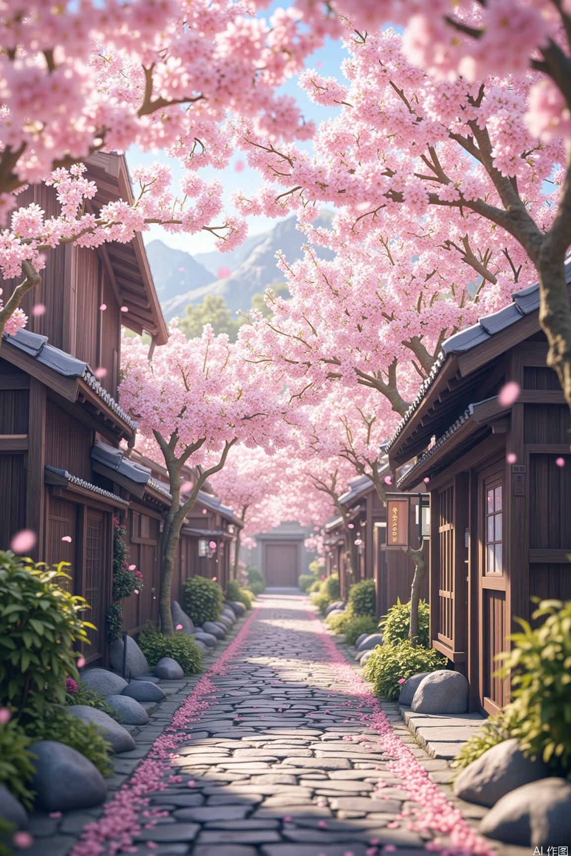 Cherry blossoms,background,no humens,outdoors, Cherry blossoms cascade down the alley, with pink flowers pouring like a waterfall, and petals falling with the wind, adding infinite vitality to this ancient cobblestone path. The traditional Japanese wooden houses and stone walls on either side are quaint and peaceful, while the distant mountains are especially clear under the sunlight, filling the scene with harmony and tranquility.