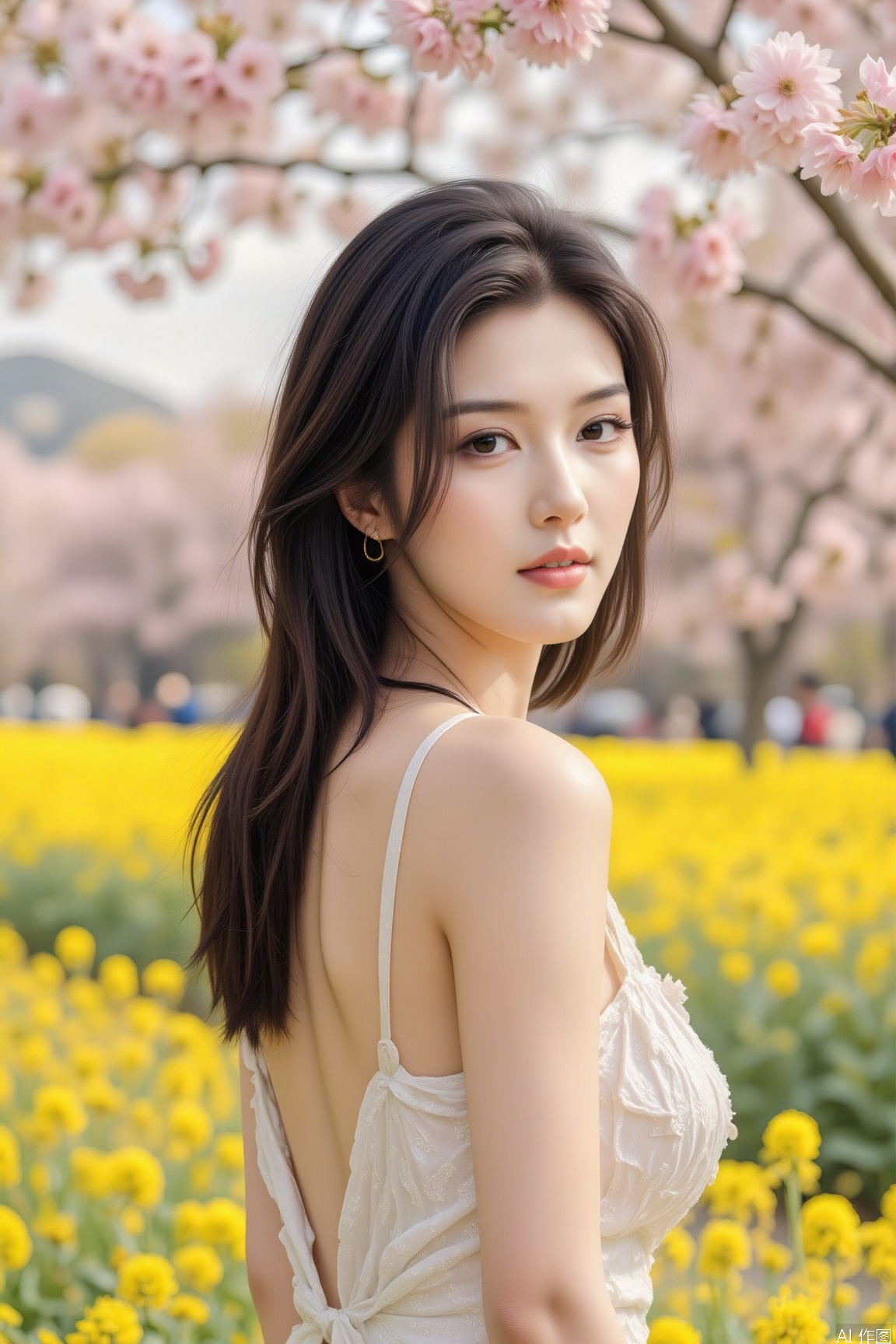 a sexy woman gazes into the distance. With long, straight black hair and a languid, mysterious look in her eyes, her fair and radiant skin stands out. Cherry blossoms form a cloud-like canopy, and as the breeze passes, petals gently drift down, creating a serene and enchanting atmosphere. Soft natural light bathes her, with distinct light and shadow layers that accentuate her contours. The photo is taken with a Fujifilm X-T4, aperture f/3.5, shutter speed 1/125 second, ISO 100. The overall tone is dominated by light pink and beige, evoking a fresh and elegant style. A slight soft light effect is added to enhance the gentle beauty of the scene.Cherry blossoms,background,no humens, outdoors, Golden rapeseed flowers and pink cherry blossoms complement each other, creating a colorful scene. The rapeseed flowers form a dense golden sea, while cherry blossoms on the trees have layered petals that fall like pink snowflakes. In the distance, there are green hills, adding vitality to the scene.