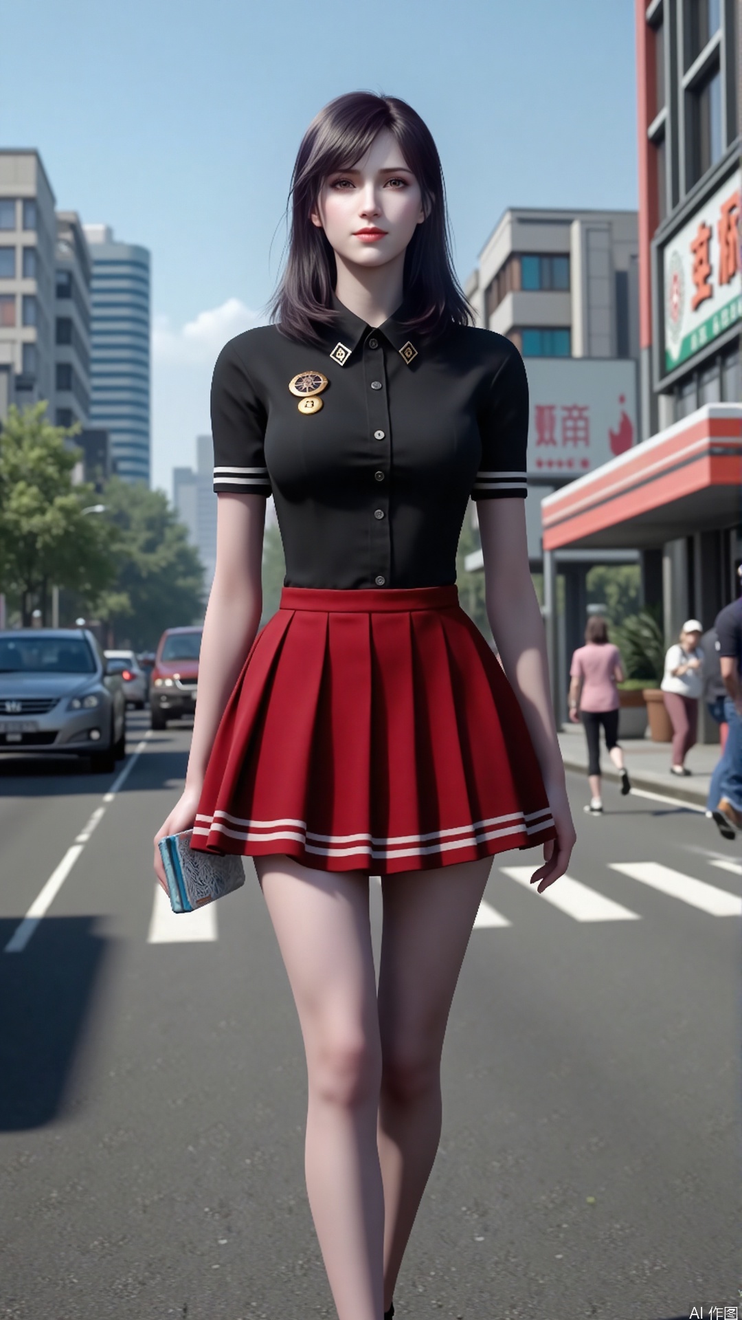 A stylish urban JK beauty wearing a black JK uniform stands on a bustling commercial street, showcasing her capable and seductive charm.

The black shirt paired with a red mini skirt sways gently with her steps, revealing her long legs. Her high heels and精致handbag look both fashionable and feminine. Her expression is confident and composed, her eyes revealing a sense of determination, as if in control of her life.

The background is a cityscape with towering buildings, creating an atmosphere of independence and charm for the urban woman.