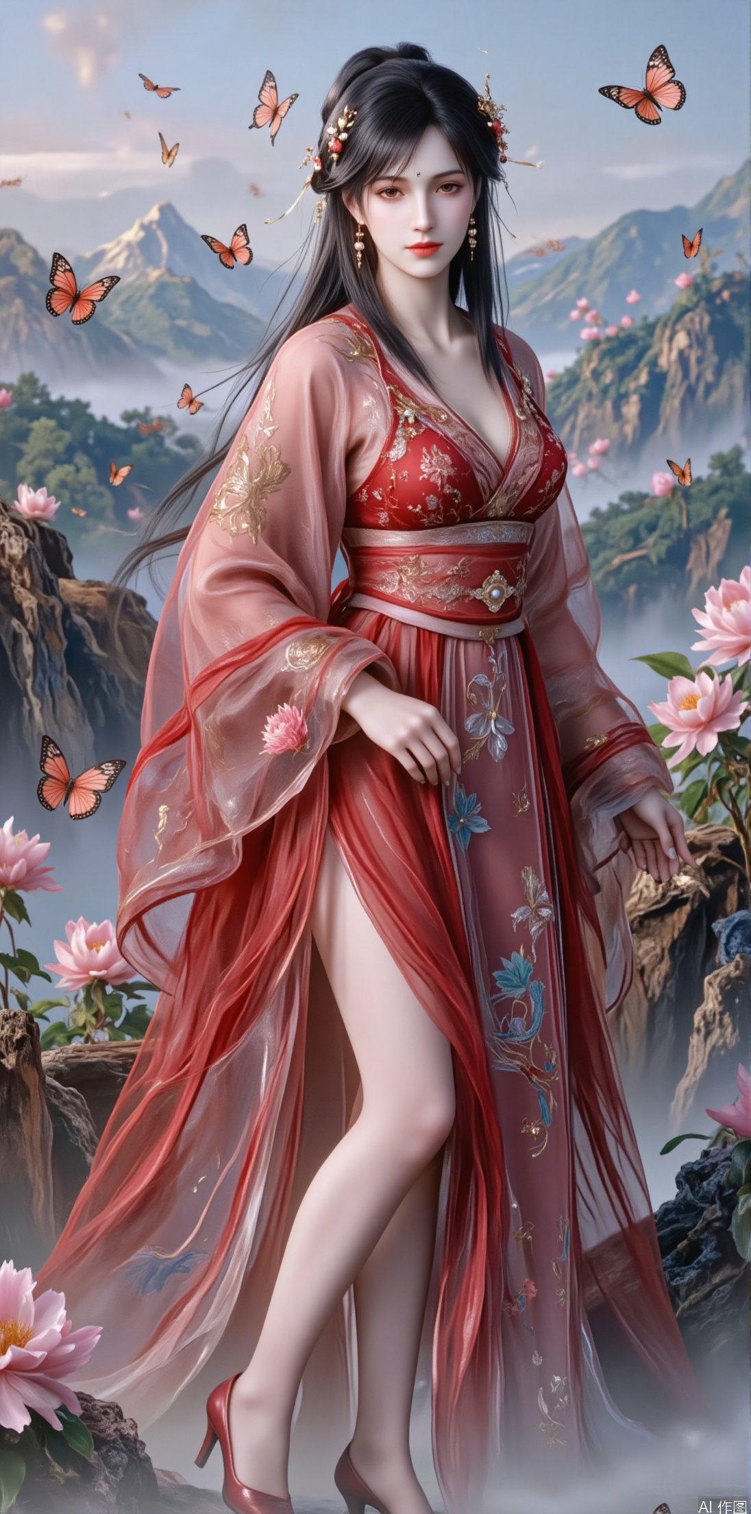 An ancient fairy with black hair lightly held by a camellia blossom hairpin, with red butterflies fluttering in her hair, adding passion and liveliness. She wears a fiery red gauze dress embroidered with blooming camellias and wildflowers, paired with elegant red high heels, showcasing the passion and vitality of spring. Standing on a spring mountain peak, overlooking distant花海and green mountains, with butterflies fluttering around her skirt, as if sharing the grandeur and beauty of spring. Her expression is gentle and lively, her eyes filled with ethereal charm, as if she were the guardian of the spring mountain peak.

The background is distant花海and rolling green mountains, creating a sense of grandeur and dreaminess.

