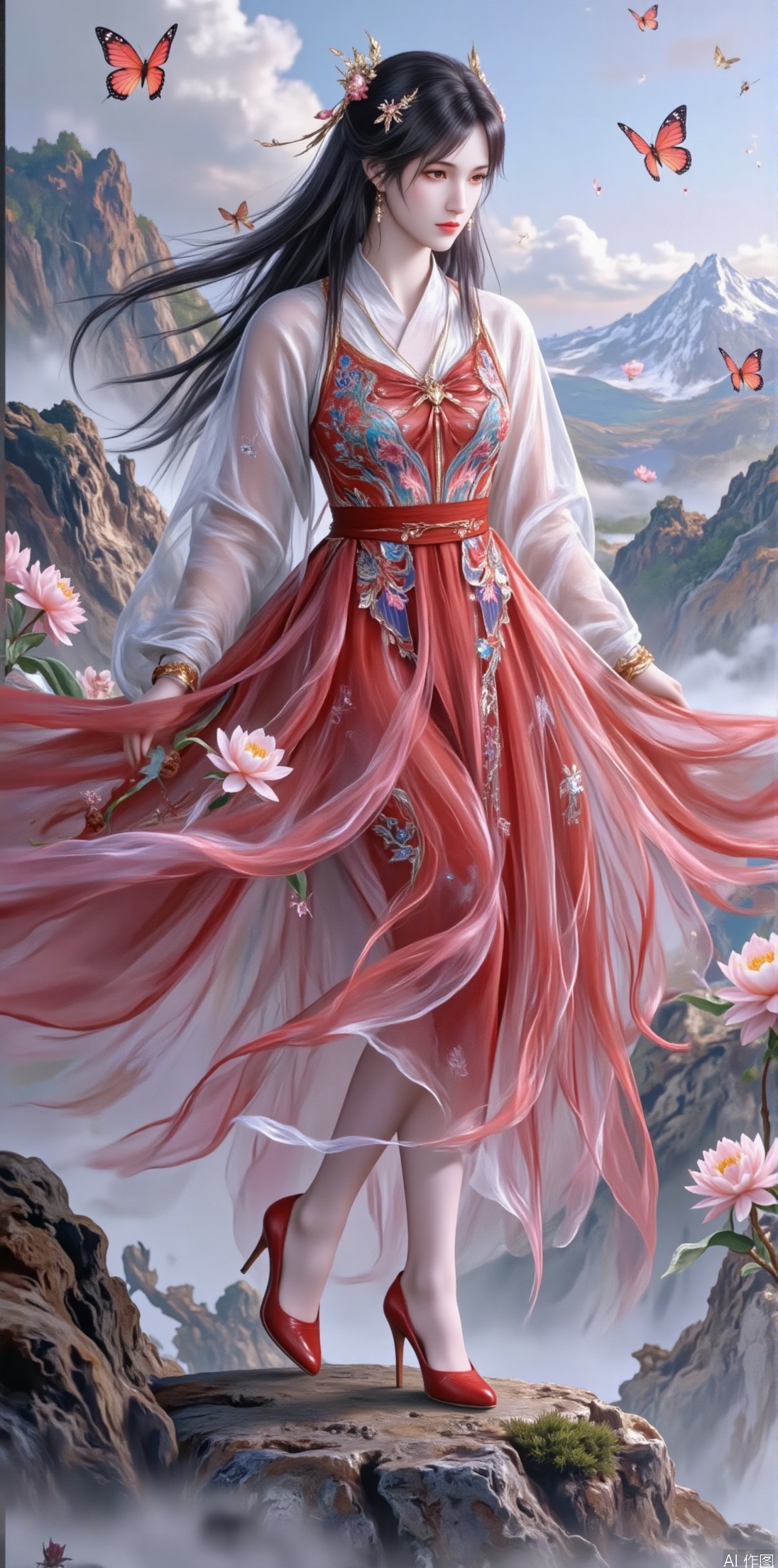 An ancient fairy with black hair lightly held by a camellia blossom hairpin, with red butterflies fluttering in her hair, adding passion and liveliness. She wears a fiery red gauze dress embroidered with blooming camellias and wildflowers, paired with elegant red high heels, showcasing the passion and vitality of spring. Standing on a spring mountain peak, overlooking distant花海and green mountains, with butterflies fluttering around her skirt, as if sharing the grandeur and beauty of spring. Her expression is gentle and lively, her eyes filled with ethereal charm, as if she were the guardian of the spring mountain peak.

The background is distant花海and rolling green mountains, creating a sense of grandeur and dreaminess.

