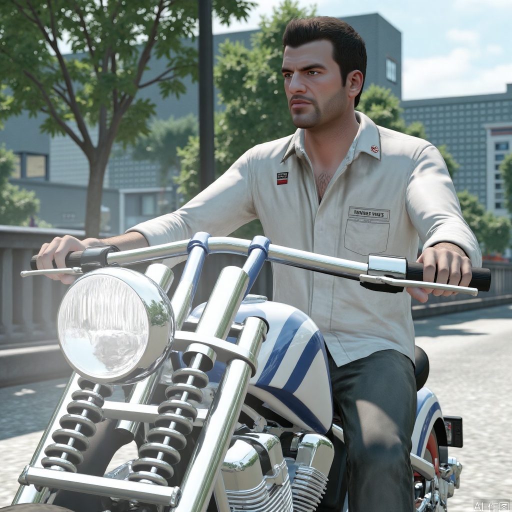 1man,Johnny,solo,white_shirt,male focus,Bright light,very short hair,handsome,Riding a motorcycle