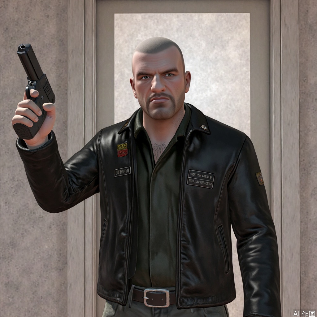 1man,Johnny,solo,leather jacket,male focus,Bright light,very short hair,bald,holding gun
