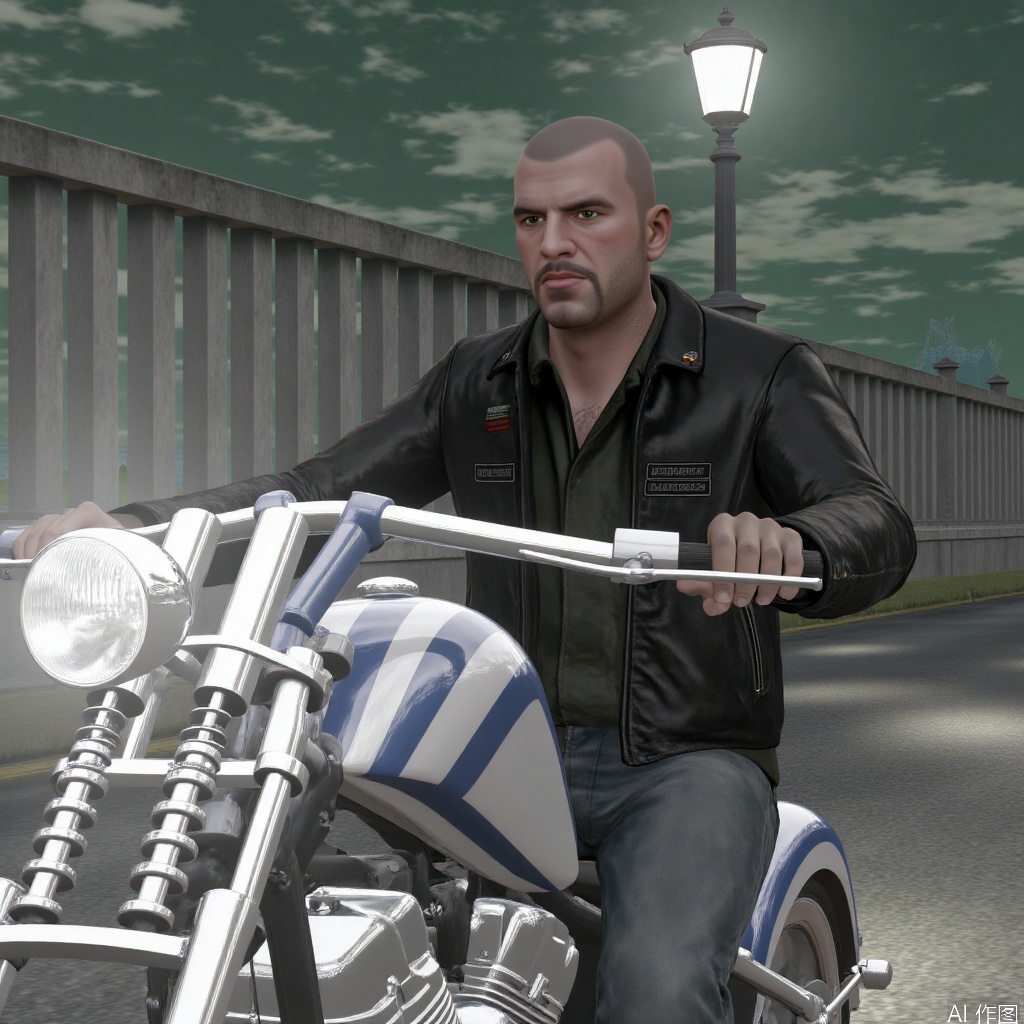 1man,Johnny,solo,leather jacket,male focus,Bright light,very short hair,Riding a motorcycle,bald,