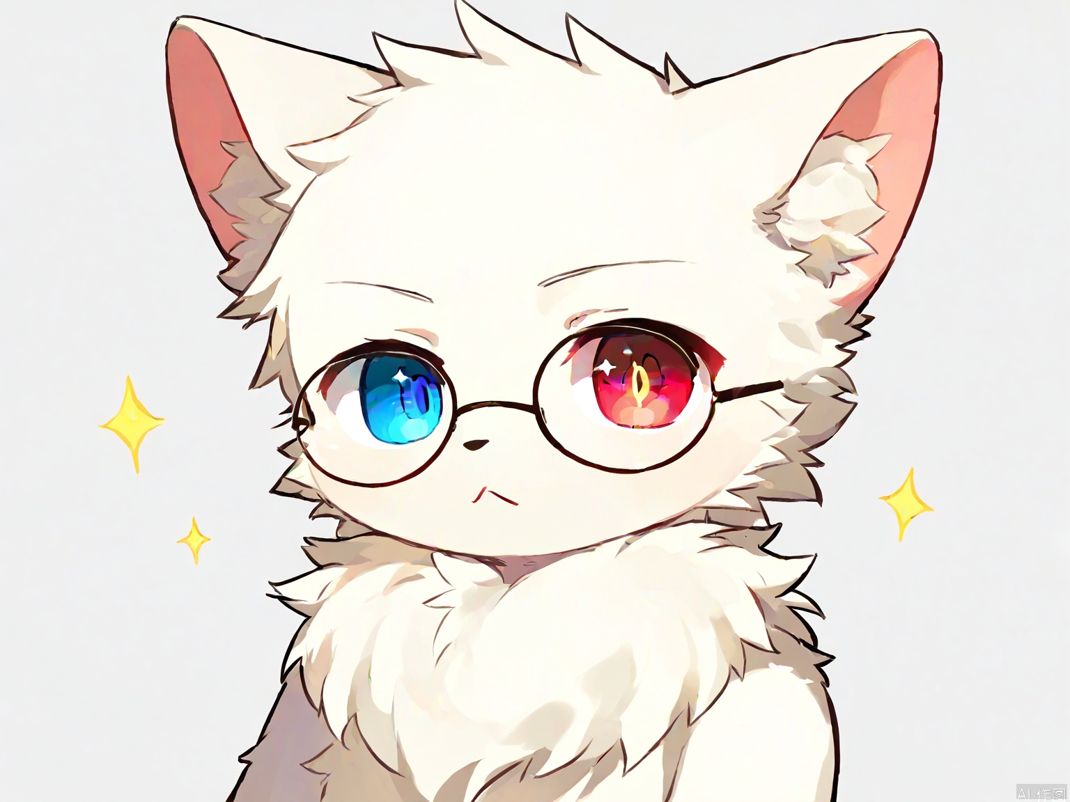 catboy,1boy,solo, looking at viewer, blue eyes, red eyes, no humans, sparkle, heterochromia, :<, furry, outline, round eyewear, white,fur