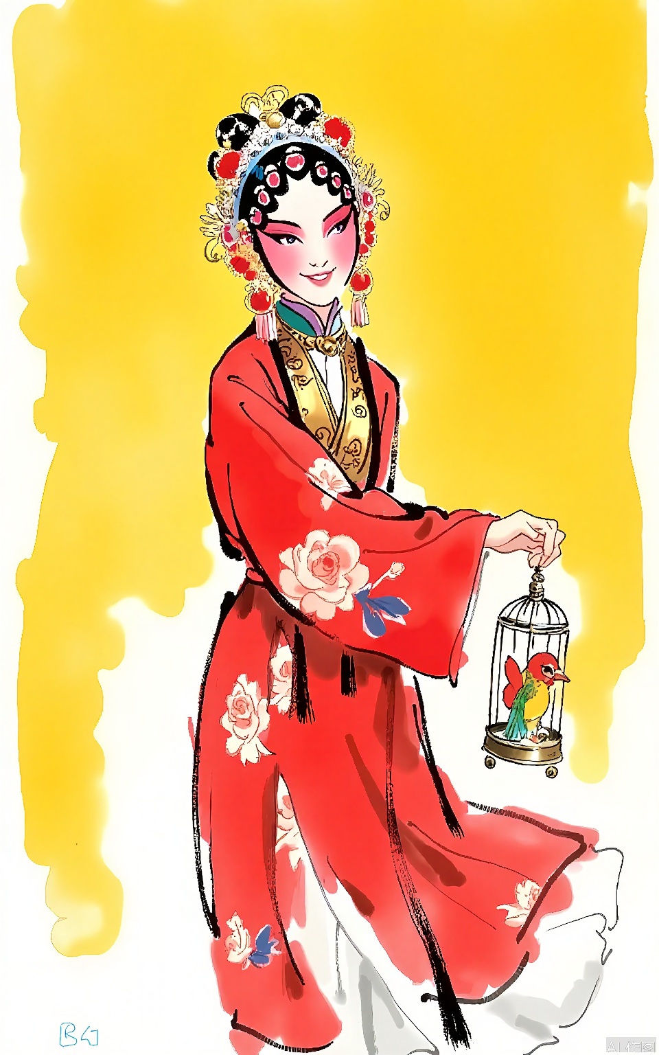 A watercolor inspired by Peking Opera presents a young maiden in a vibrant red dress, decorated with peony patterns. She has a joyful expression, and her hair is adorned with golden hairpins and a red ribbon. The background is a simple bright yellow, adding to the cheerful mood. In her hands, she holds a small birdcage with a colorful bird inside. The overall style is lively and charming, typical of traditional Chinese artistic expressions.