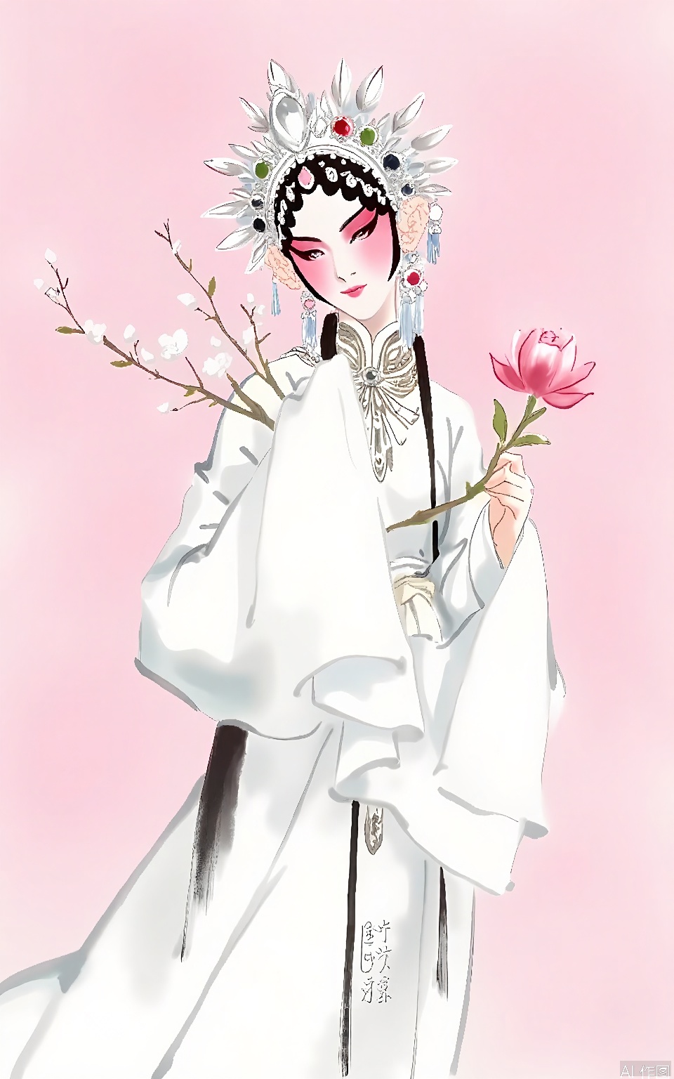 A watercolor in the Peking Opera aesthetic shows a fairy maiden in a diaphanous white gown, adorned with silver star - like patterns. Her expression is dreamy, and she wears a headdress made of moon - shaped jewels and silk flowers. The background is a soft pink, creating a gentle and ethereal atmosphere. She holds a magical flower branch in her left hand. The overall style is delicate and otherworldly, in line with traditional Chinese artistic conventions.