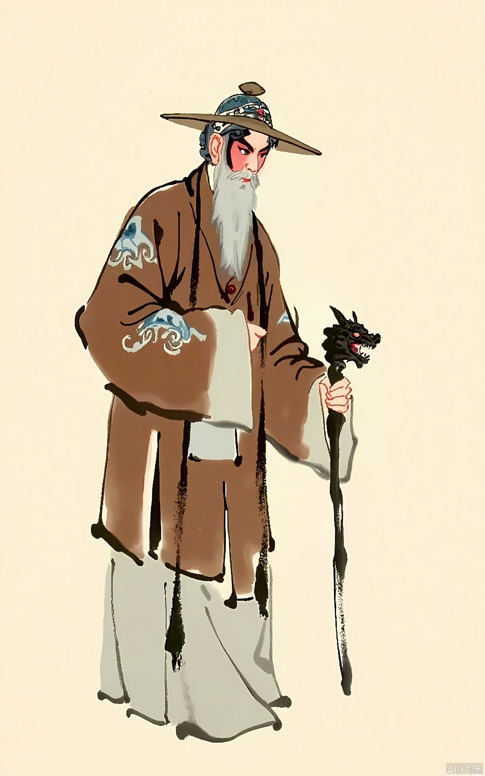 This Peking Opera - themed watercolor features an old sage in a long, brown robe with mountain and river patterns. His head is topped with a simple bamboo hat, and his expression is wise. The background is minimalist and beige, allowing the sage to stand out. He holds a walking stick with a carved dragon head in his left hand. The overall style is serene and profound, with a typical traditional Chinese art style.