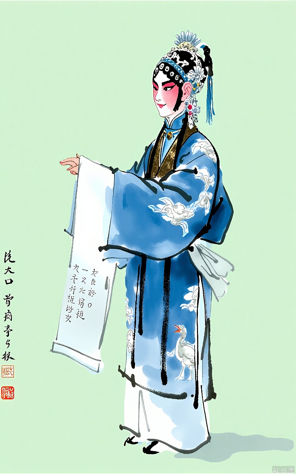 This Peking Opera - inspired watercolor features a scholar in a flowing blue robe, embroidered with cloud and crane patterns. He has a contemplative look on his face, and on his head sits a traditional scholar's cap with a tassel. The background is a plain light green, making the scholar the focal point. In his right hand, he holds a scroll of ancient texts. The painting style is elegant and refined, typical of traditional Chinese art forms.