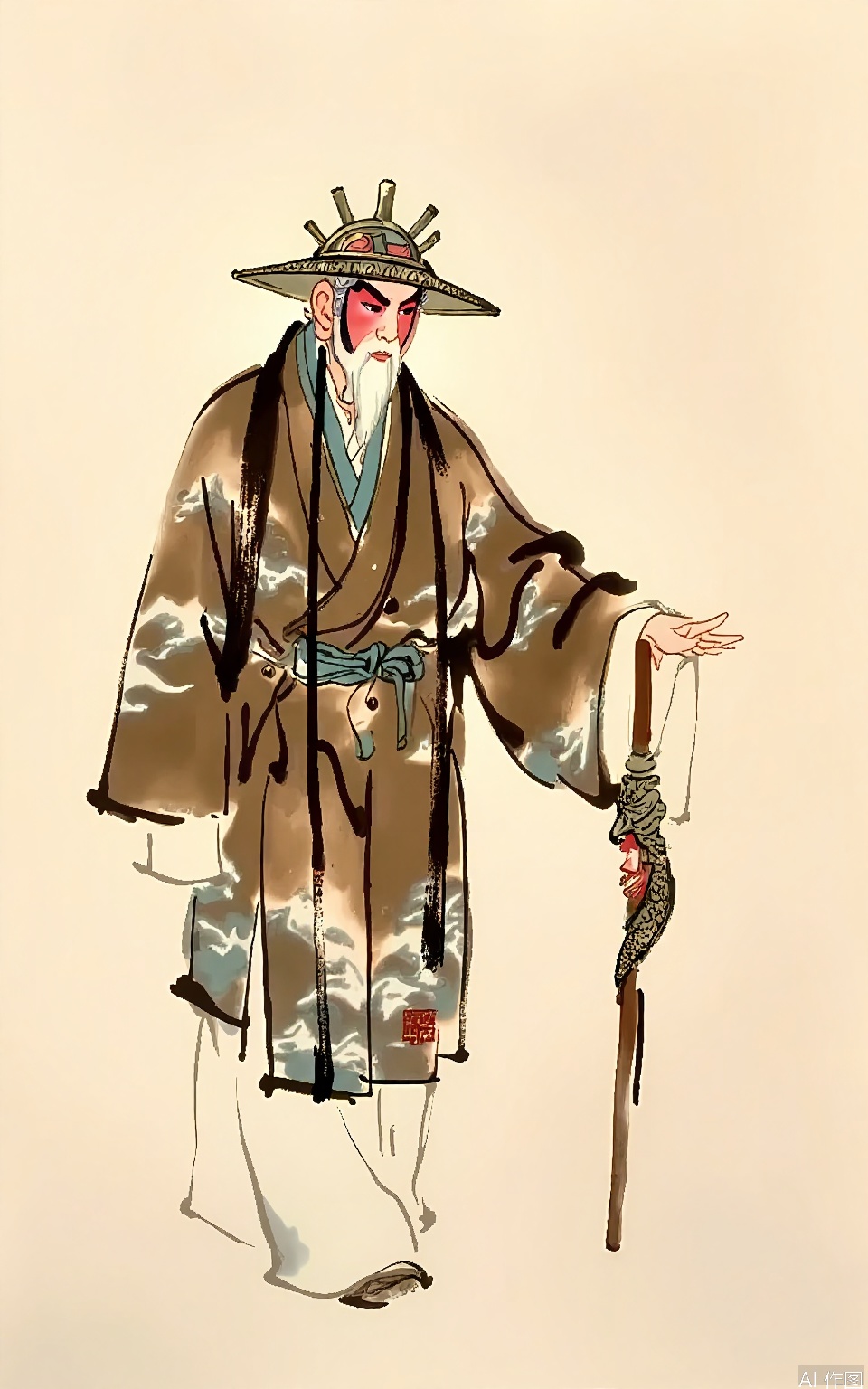 This Peking Opera - themed watercolor features an old sage in a long, brown robe with mountain and river patterns. His face shows wisdom, and he wears a simple hat made of bamboo. The background is a plain beige, allowing the sage to stand out. He holds a walking stick with a carved dragon head in his left hand. The painting style is serene and profound, in keeping with traditional Chinese art.
