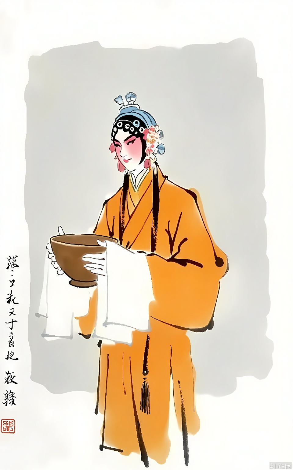 In this Peking Opera - inspired watercolor, a monk is shown in a saffron - colored robe, with simple meditation beads hanging from his neck. His head is covered with a traditional monk's hat, and his expression is peaceful. The background is minimalist and light gray, emphasizing the monk's spiritual aura. He holds a wooden bowl in his hands. The overall style is tranquil and ascetic, with a typical traditional Chinese art style.