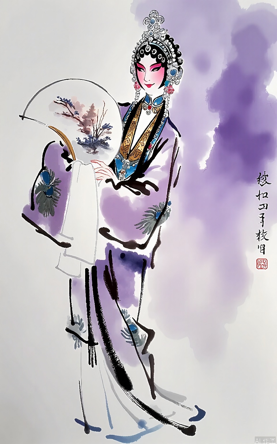 A watercolor in the Peking Opera style portrays a courtesan in an exquisite silk gown, embroidered with peacock feather patterns. Her expression is alluring, and she wears a headdress with pearls and jade ornaments. The background is a soft purple, creating an air of mystery. She holds a silk fan with a landscape painting on it in her right hand. The overall style is sensual and refined, characteristic of traditional Chinese art.