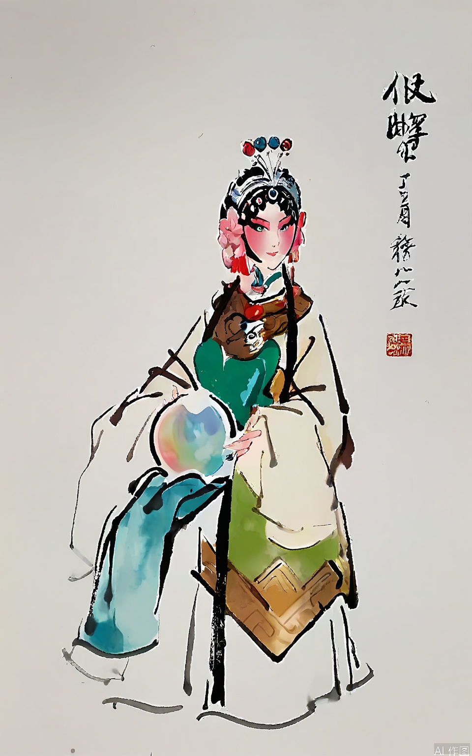 JJSC,
This Peking Opera - style watercolor features a spirit in a flowing green and white gown with mist - like patterns. Her head is adorned with a headdress made of leaves and dewdrops, and her expression is enigmatic. The background is minimalist and pale cyan, creating a mystical atmosphere. She holds a crystal ball in her right hand. The overall style is ethereal and mysterious, with a typical traditional Chinese art style.
