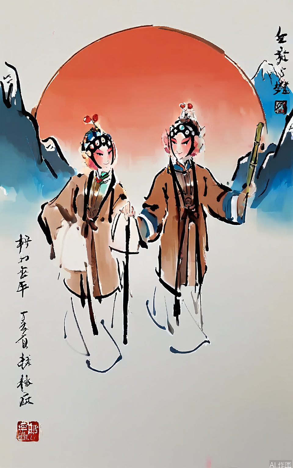 JJSC,
This Peking Opera - themed watercolor features an old sage in a long, brown robe with mountain and river patterns. His face shows wisdom, and he wears a simple hat made of bamboo. The background is a plain beige, allowing the sage to stand out. He holds a walking stick with a carved dragon head in his left hand. The painting style is serene and profound, in keeping with traditional Chinese art.
