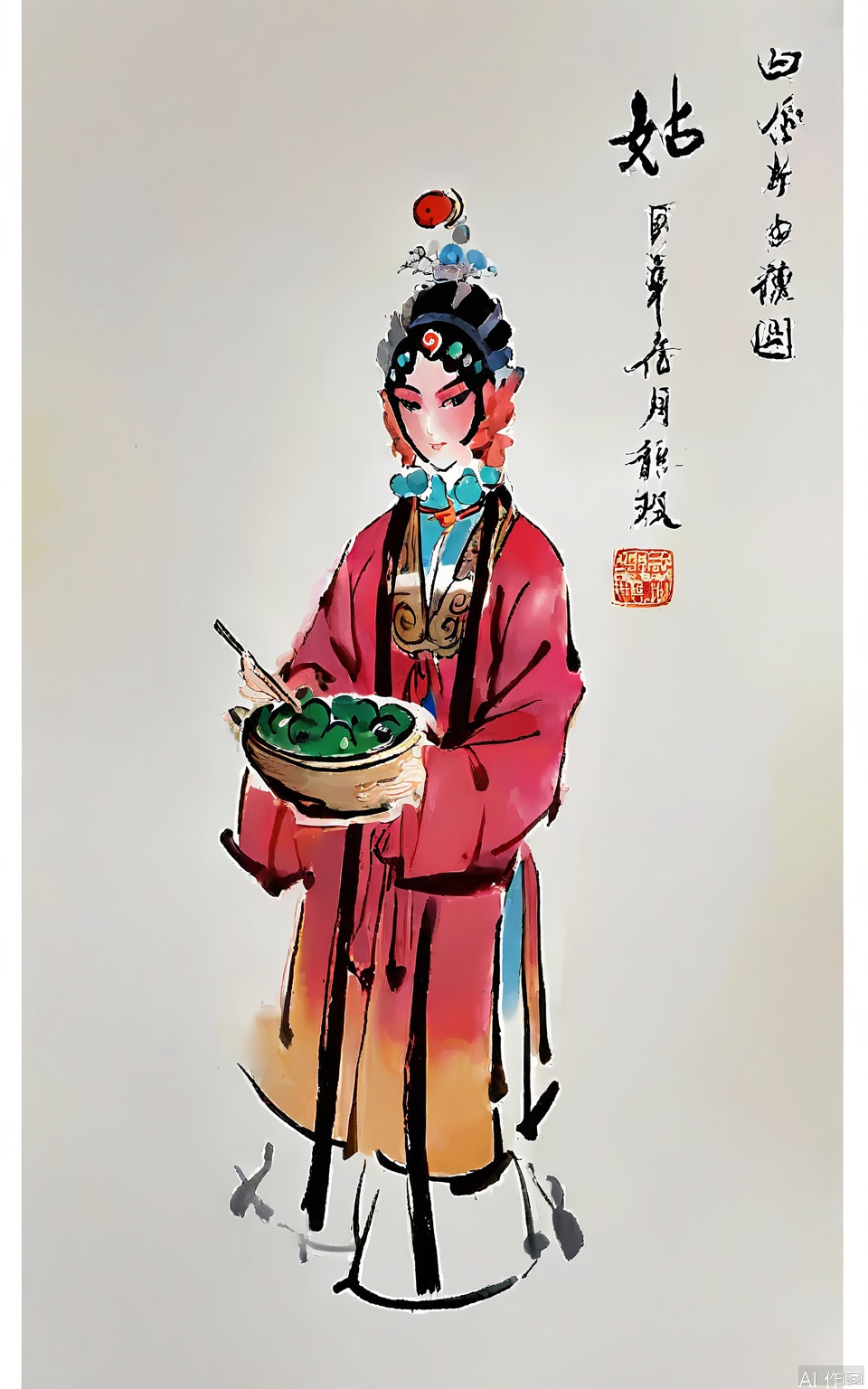 JJSC,
In this Peking Opera - inspired watercolor, a monk is shown in a saffron - colored robe, with simple meditation beads hanging from his neck. His head is covered with a traditional monk's hat, and his expression is peaceful. The background is minimalist and light gray, emphasizing the monk's spiritual aura. He holds a wooden bowl in his hands. The overall style is tranquil and ascetic, with a typical traditional Chinese art style.

