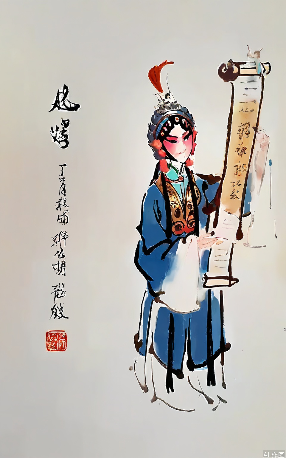 JJSC,
This Peking Opera - inspired watercolor features a scholar in a flowing blue robe, embroidered with cloud and crane patterns. He has a contemplative look on his face, and on his head sits a traditional scholar's cap with a tassel. The background is a plain light green, making the scholar the focal point. In his right hand, he holds a scroll of ancient texts. The painting style is elegant and refined, typical of traditional Chinese art forms.
