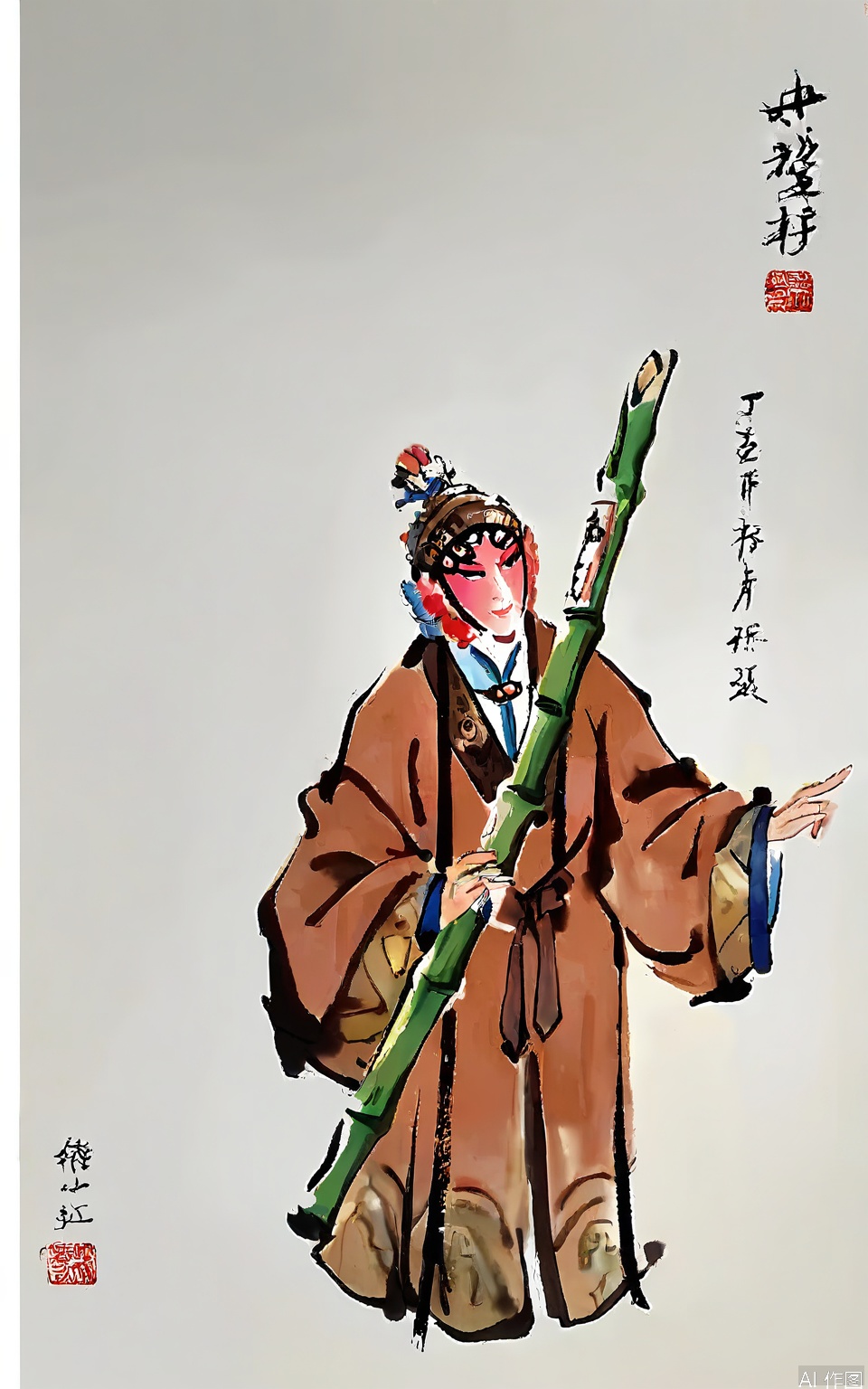 JJSC,
This Peking Opera - themed watercolor features an old sage in a long, brown robe with mountain and river patterns. His head is topped with a simple bamboo hat, and his expression is wise. The background is minimalist and beige, allowing the sage to stand out. He holds a walking stick with a carved dragon head in his left hand. The overall style is serene and profound, with a typical traditional Chinese art style.
