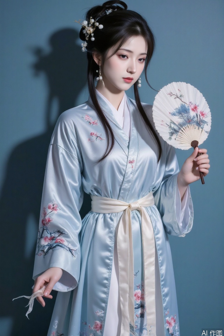 A gentle and lively Hanfu girl stands in front of a solid color background, showcasing classical beauty. Her face was clear and beautiful, with eyebrows like distant mountains, eyes filled with autumn water, a delicate nose bridge, elegant lips, fair and translucent skin, as if emitting a faint halo. Her long hair was like a waterfall, partially tied into exquisite buns, adorned with pearl hairpins and tassels. Her hair accessories swayed gently with her movements, adding a touch of agility. Her movements were elegant and natural, with her right hand lightly holding a fan embroidered with plum blossoms, her left hand slightly lifted, and her fingertips lightly stroking her temples, as if feeling the breeze. She was wearing a light blue Hanfu, with a cross collar and right lapel on the top. The fabric was light and soft, and the cuffs were embroidered with delicate orchid patterns. The hem of her lower body was wide and hanging, and the skirt was on the surface. Embroidered with landscape patterns, a light colored ribbon is tied around the waist, with the end of the ribbon hanging down and swaying gently in the wind. Light and shadow cast from the side, gently outlining the contours of her face and the layering of her clothing. The silk fabric shimmered with delicate luster under the light, creating an overall picture full of classical charm and elegant temperament,A BOW—Lijun,Bow—Chinese style dress,A BOW—daiyu