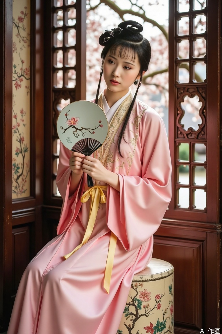 Under the carved window frame, a woman in a pink skirt was sitting sideways on the embroidered pedestal. The skirt is made of delicate silk, the upper skirt is embroidered with exquisite crabapple flower patterns, and the color is beautiful. The lower skirt is a pleated skirt in the same color, with fine and neat pleated ones. A goose-yellow silk ribbon is tied around her waist, a gentle jade pendant is hung on the belt, a woman holding a round fan, and an orchid is painted on the fan. She tilted her head slightly, her eyes were gentle, staring at the spring scenery outside the window, her beautiful eyebrows were frowning, as if she was thinking about her thoughts, and her hair was softly hanging on her shoulders, showing the softness and shyness of a classical lady. A BOW-daiyu
