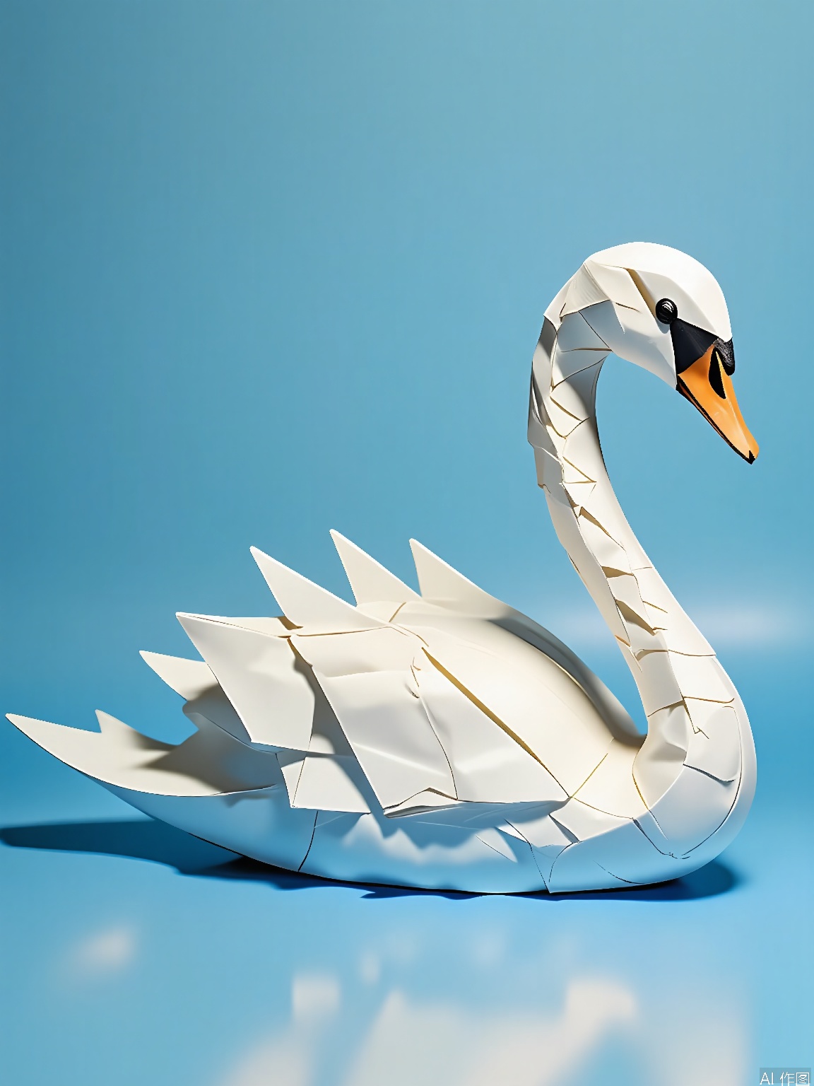 ZD, Photograph of a 3D paper swan sculpture, with an elegant white and silver color palette, gliding on a mirror - like blue background. The swan has a graceful, elongated design with smooth curves and shimmering silver accents. Its eyes are exquisitely detailed with a black iris and a soft white glow. The sculpture is in a side - back view, displaying its slender neck. The wings are folded neatly, and the head is turned to the right. The lighting is soft and reflective, emphasizing the fluid folds of the paper. The overall style is modern and minimalist, highlighting purity and elegance.
