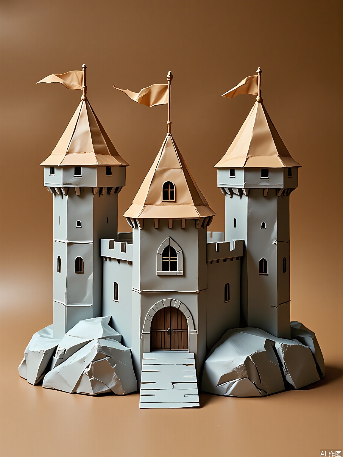 ZD, Photograph of a 3D paper castle sculpture, with a medieval gray and brown color scheme, standing on a rocky brown background. The castle has a sturdy, fortified design with towers and battlements. Its windows and doors are detailed with small black outlines. The sculpture is in a side view, showing its imposing structure. The drawbridge is lowered, and the flags are fluttering in the wind (imagined in the still paper form). The lighting is warm and earthy, highlighting the textured folds of the paper. The overall style is modern and minimalist, with a focus on history and strength.