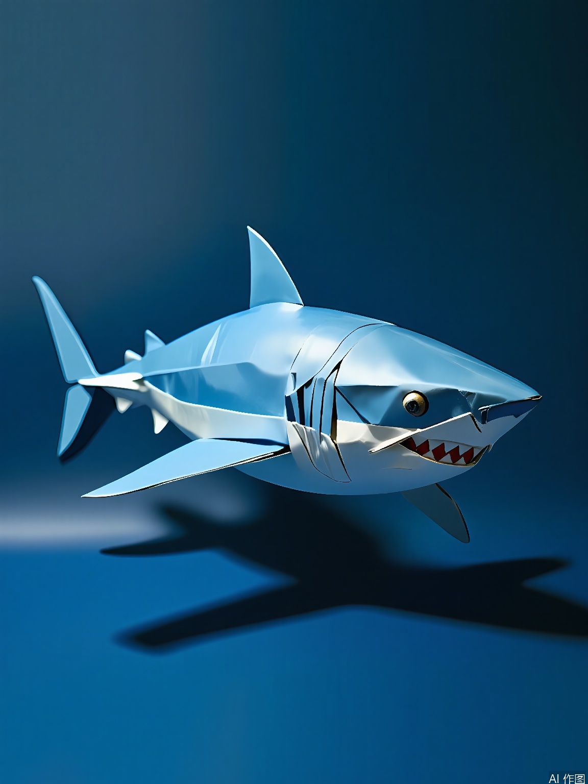 ZD, Photograph of a 3D paper shark sculpture, with a menacing blue and white color palette, swimming in a deep blue background. The shark has a streamlined, powerful design with sharp teeth and bold white accents. Its eyes are coldly detailed with a black pupil and a small white highlight. The sculpture is in a side view, displaying its sleek profile. The fins are spread wide, and the tail is moving rapidly. The lighting is dark and blue - toned, accentuating the sharp folds of the paper. The overall style is modern and minimalist, highlighting danger and speed.