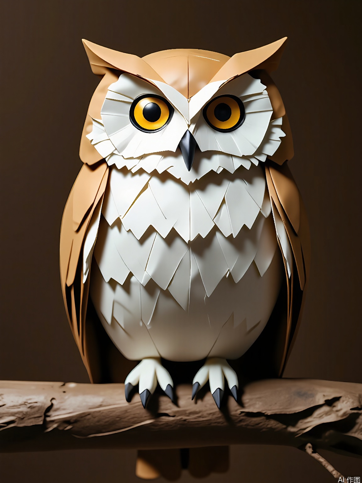 ZD, Photograph of a 3D paper owl sculpture, in a wise brown and white color scheme, perched on a tree branch against a dark brown background. The owl has a round, plump design with large eyes and soft white feathers. Its eyes are incredibly detailed with a yellow iris and a black pupil. The sculpture is in a front view, showing its intense gaze. The wings are folded close to the body, and the head is tilted slightly upwards. The lighting is dim and moody, emphasizing the gentle folds of the paper. The overall style is modern and minimalist, with a focus on wisdom and mystery.
