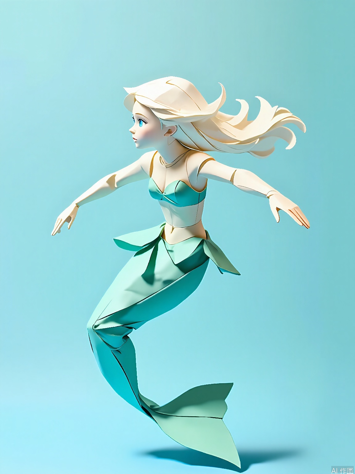 ZD, Photograph of a 3D paper mermaid sculpture, with a dreamy turquoise and white color palette, swimming in a light blue background. The mermaid has a graceful, fish - like tail and a human upper body with flowing white hair. Its eyes are enchantingly detailed with a blue iris and a white highlight. The sculpture is in a side view, displaying its elegant form. The arms are outstretched, and the tail is moving gracefully. The lighting is soft and underwater - like, emphasizing the fluid folds of the paper. The overall style is modern and minimalist, highlighting fantasy and beauty.