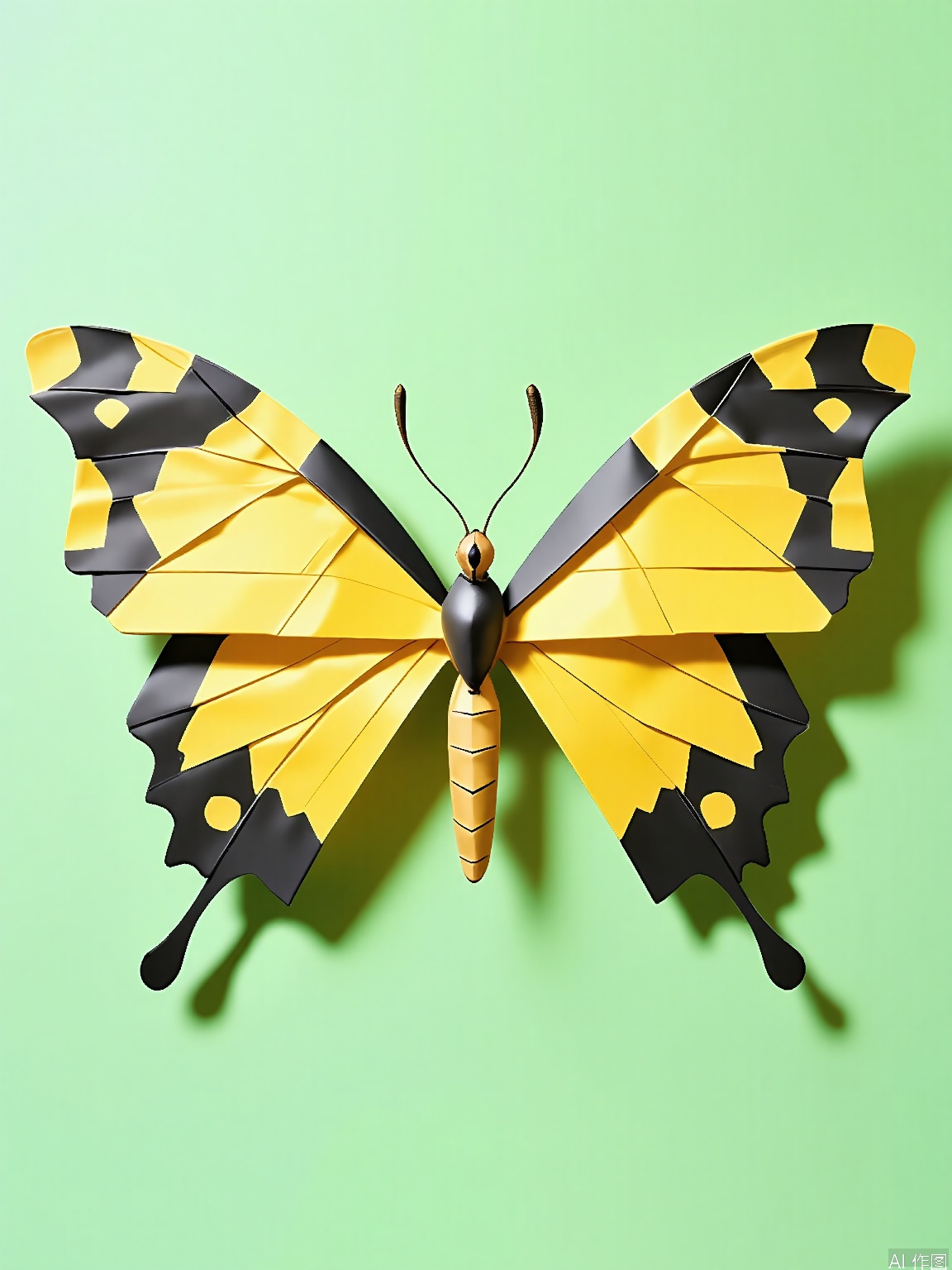 ZD, Photograph of a 3D paper butterfly sculpture, with a vibrant yellow and black color combination, fluttering against a light green background. The butterfly has a delicate, intricate design with fine lines and bold black patterns. Its eyes are minutely detailed with a tiny white dot surrounded by a black outline. The sculpture is in a top - down view, revealing its symmetrical wings. The antennae are curved upwards, and the body is slightly arched. The lighting is bright and focused, accentuating the precise folds of the paper. The overall style is modern and minimalist, emphasizing beauty and fragility.

