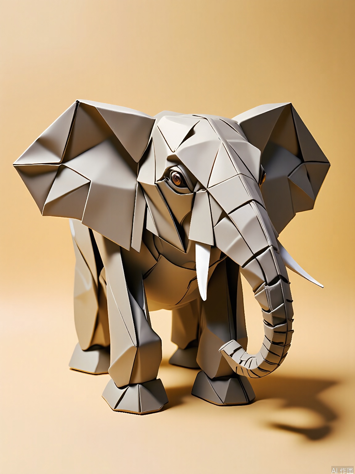ZD, Photograph of a 3D paper elephant sculpture, featuring a warm gray and soft brown color palette, standing on a beige background. The elephant has a robust, rounded design with gentle slopes and bold brown patches. Its eyes are carefully crafted with a white sclera and dark brown pupils. The sculpture is in a three - quarter front view, displaying its massive form. The trunk is curved downwards, and the ears are flapping gently. The lighting is even and warm, highlighting the textured folds of the paper. The overall style is modern and minimalist, focusing on strength and serenity.

