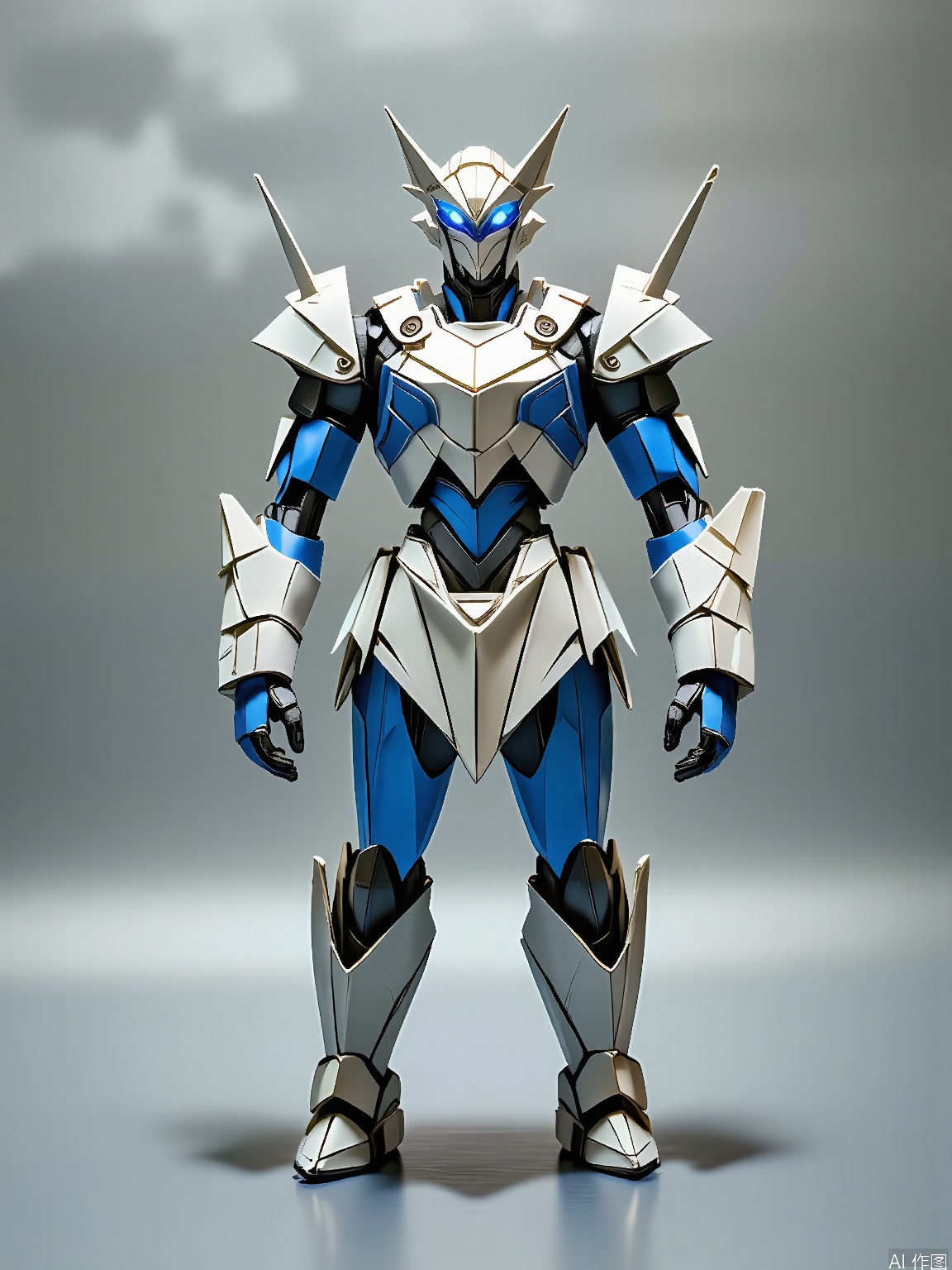 ZD, Photograph of a 3D paper robot sculpture, with a futuristic silver and blue color scheme, standing on a metallic gray background. The robot has a angular, mechanical design with sharp edges and bold blue lines. Its eyes are glowing with a blue light, detailed with a white outline. The sculpture is in a front view, showing its high - tech appearance. The arms are extended outwards, and the head is tilted to the side. The lighting is cold and sterile, highlighting the precise folds of the paper. The overall style is modern and minimalist, with a focus on innovation and technology.