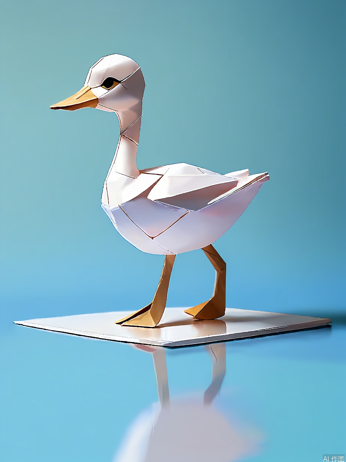 ZD, Photograph of a 3D paper swan sculpture, with an elegant white and silver color palette, gliding on a mirror - like blue background. The swan has a graceful, elongated design with smooth curves and shimmering silver accents. Its eyes are exquisitely detailed with a black iris and a soft white glow. The sculpture is in a side - back view, displaying its slender neck. The wings are folded neatly, and the head is turned to the right. The lighting is soft and reflective, emphasizing the fluid folds of the paper. The overall style is modern and minimalist, highlighting purity and elegance.