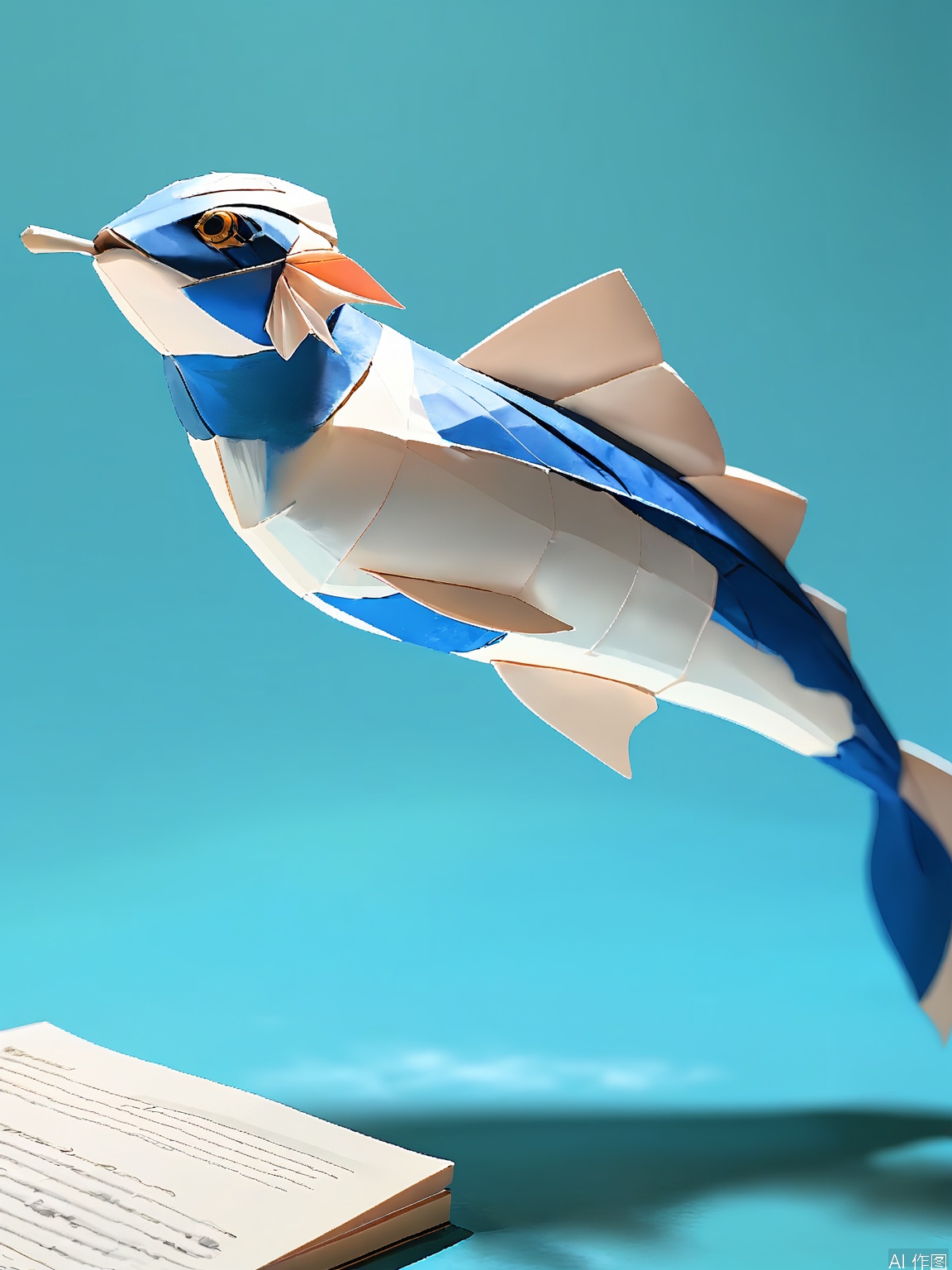 ZD, Photograph of a 3D paper mermaid sculpture, with a dreamy turquoise and white color palette, swimming in a light blue background. The mermaid has a graceful, fish - like tail and a human upper body with flowing white hair. Its eyes are enchantingly detailed with a blue iris and a white highlight. The sculpture is in a side view, displaying its elegant form. The arms are outstretched, and the tail is moving gracefully. The lighting is soft and underwater - like, emphasizing the fluid folds of the paper. The overall style is modern and minimalist, highlighting fantasy and beauty.