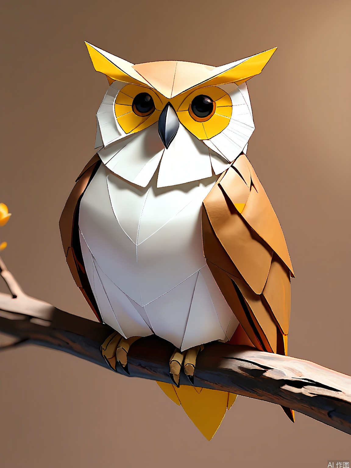 ZD, Photograph of a 3D paper owl sculpture, in a wise brown and white color scheme, perched on a tree branch against a dark brown background. The owl has a round, plump design with large eyes and soft white feathers. Its eyes are incredibly detailed with a yellow iris and a black pupil. The sculpture is in a front view, showing its intense gaze. The wings are folded close to the body, and the head is tilted slightly upwards. The lighting is dim and moody, emphasizing the gentle folds of the paper. The overall style is modern and minimalist, with a focus on wisdom and mystery.