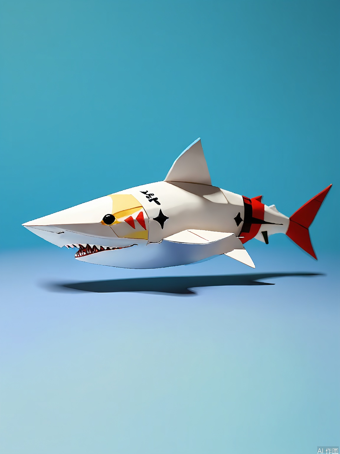 ZD, Photograph of a 3D paper shark sculpture, with a menacing blue and white color palette, swimming in a deep blue background. The shark has a streamlined, powerful design with sharp teeth and bold white accents. Its eyes are coldly detailed with a black pupil and a small white highlight. The sculpture is in a side view, displaying its sleek profile. The fins are spread wide, and the tail is moving rapidly. The lighting is dark and blue - toned, accentuating the sharp folds of the paper. The overall style is modern and minimalist, highlighting danger and speed.
