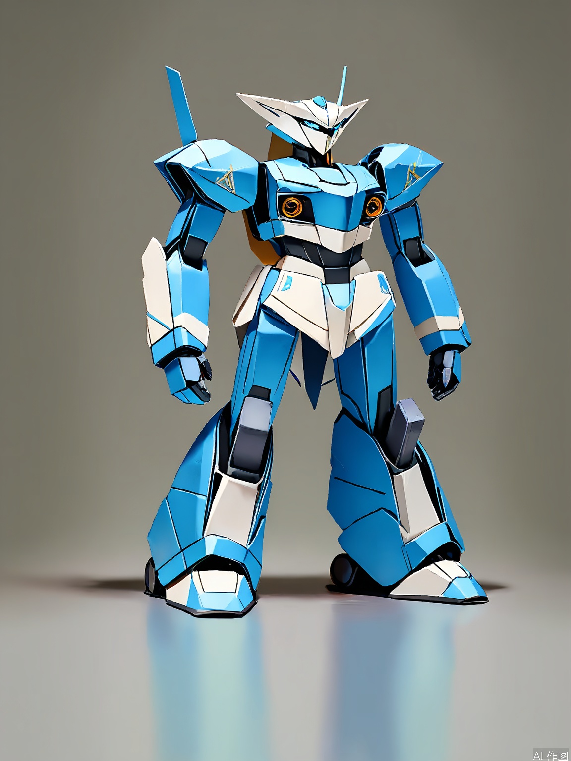 ZD, Photograph of a 3D paper robot sculpture, with a futuristic silver and blue color scheme, standing on a metallic gray background. The robot has a angular, mechanical design with sharp edges and bold blue lines. Its eyes are glowing with a blue light, detailed with a white outline. The sculpture is in a front view, showing its high - tech appearance. The arms are extended outwards, and the head is tilted to the side. The lighting is cold and sterile, highlighting the precise folds of the paper. The overall style is modern and minimalist, with a focus on innovation and technology.