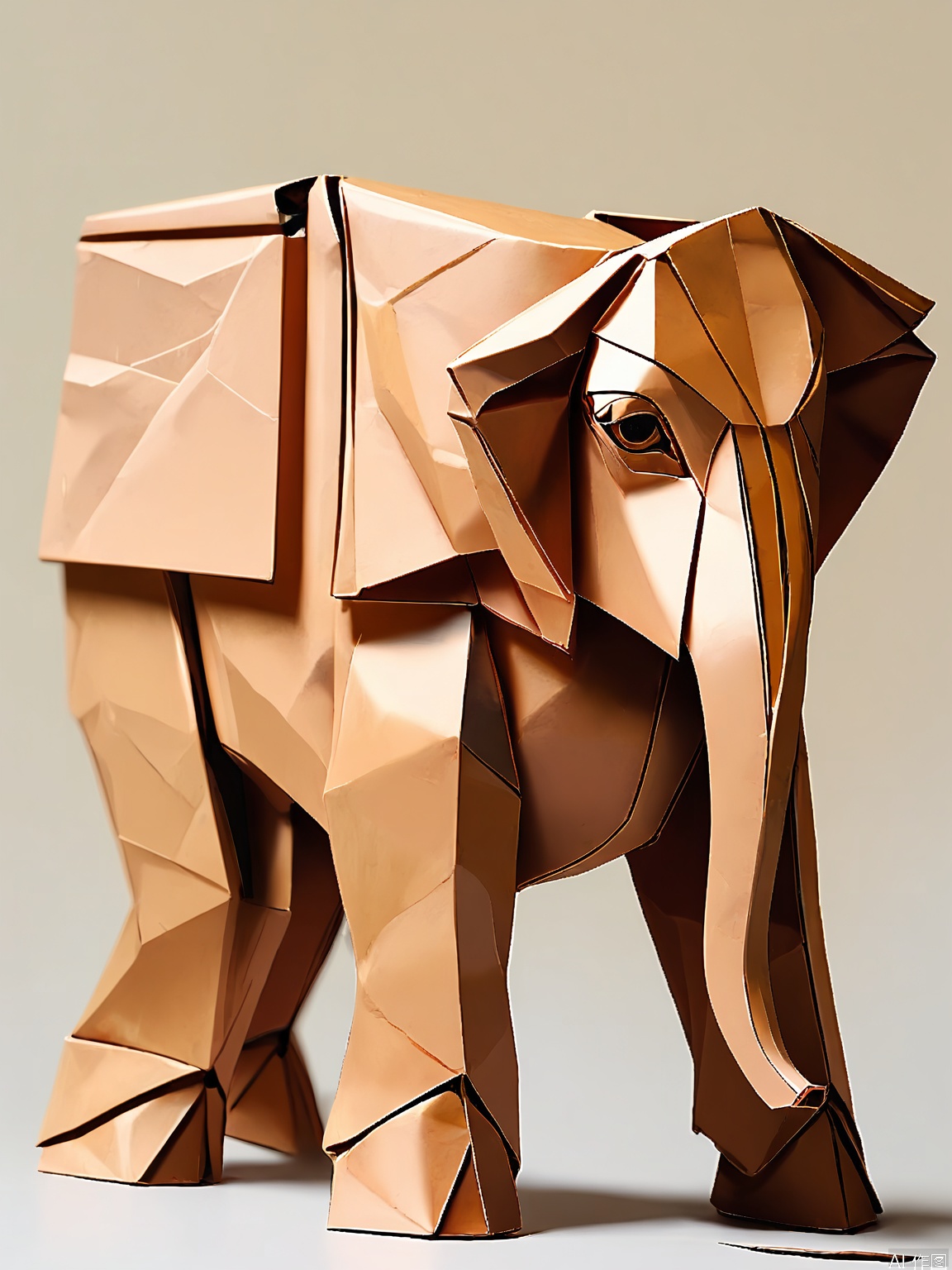 ZD, Photograph of a 3D paper elephant sculpture, featuring a warm gray and soft brown color palette, standing on a beige background. The elephant has a robust, rounded design with gentle slopes and bold brown patches. Its eyes are carefully crafted with a white sclera and dark brown pupils. The sculpture is in a three - quarter front view, displaying its massive form. The trunk is curved downwards, and the ears are flapping gently. The lighting is even and warm, highlighting the textured folds of the paper. The overall style is modern and minimalist, focusing on strength and serenity.