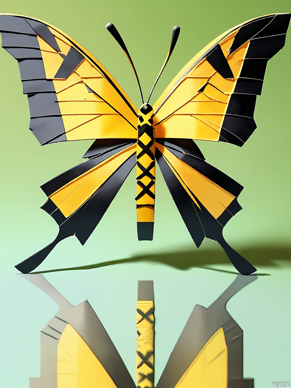 ZD, Photograph of a 3D paper butterfly sculpture, with a vibrant yellow and black color combination, fluttering against a light green background. The butterfly has a delicate, intricate design with fine lines and bold black patterns. Its eyes are minutely detailed with a tiny white dot surrounded by a black outline. The sculpture is in a top - down view, revealing its symmetrical wings. The antennae are curved upwards, and the body is slightly arched. The lighting is bright and focused, accentuating the precise folds of the paper. The overall style is modern and minimalist, emphasizing beauty and fragility.