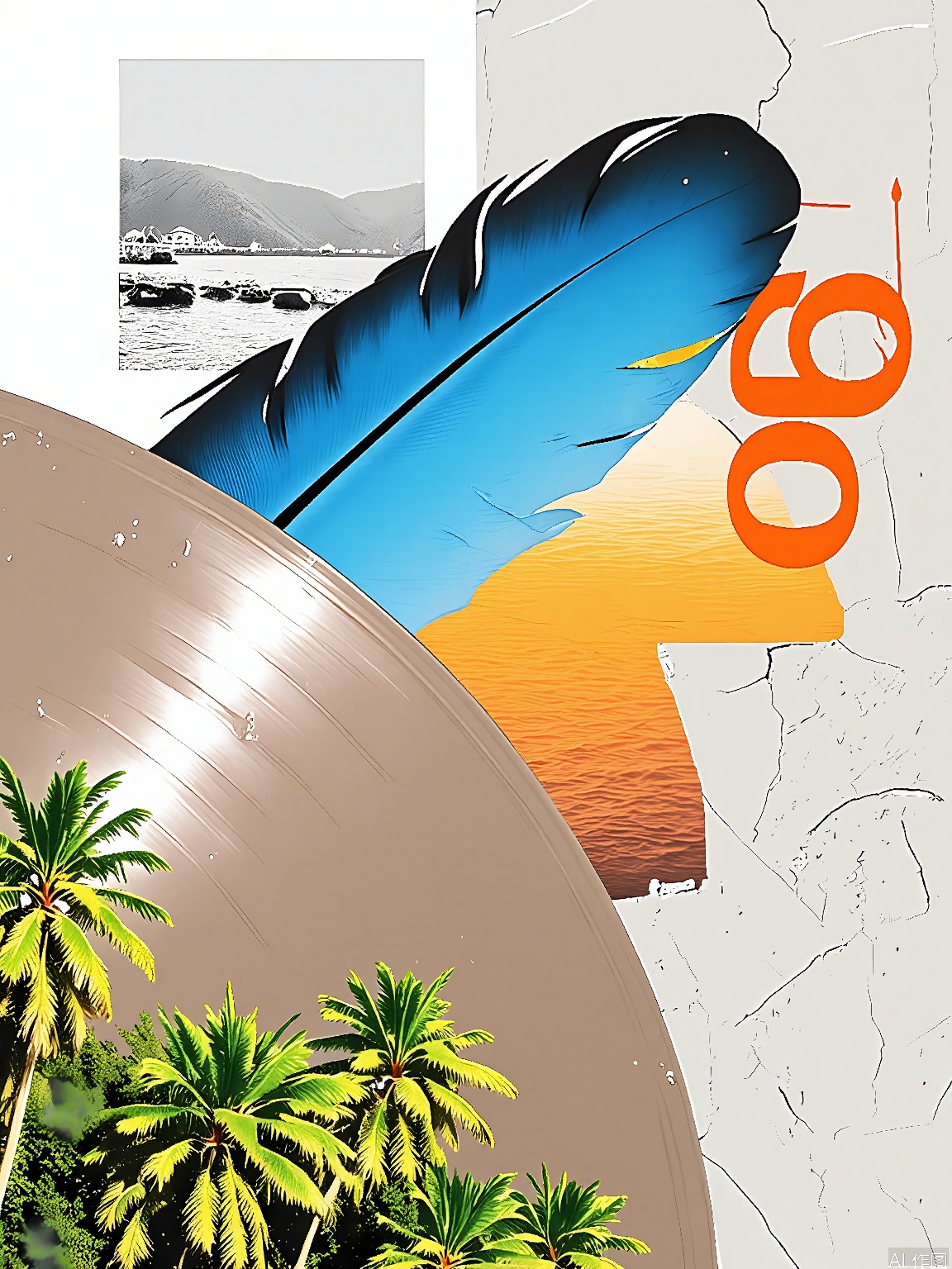 PTYS, Photograph of a mixed media collage, presenting a close - up of an old vinyl record with scratches, partially overlaid by a large blue feather. The background comprises a grayscale picture of a beach at sunset, an orange section with a red "o" and the text "forever" in white, and a cracked, stucco - textured wall. The collage also has a section of a tropical rainforest with lush green foliage. The overall composition is varied and layered, combining a range of textures and shades.