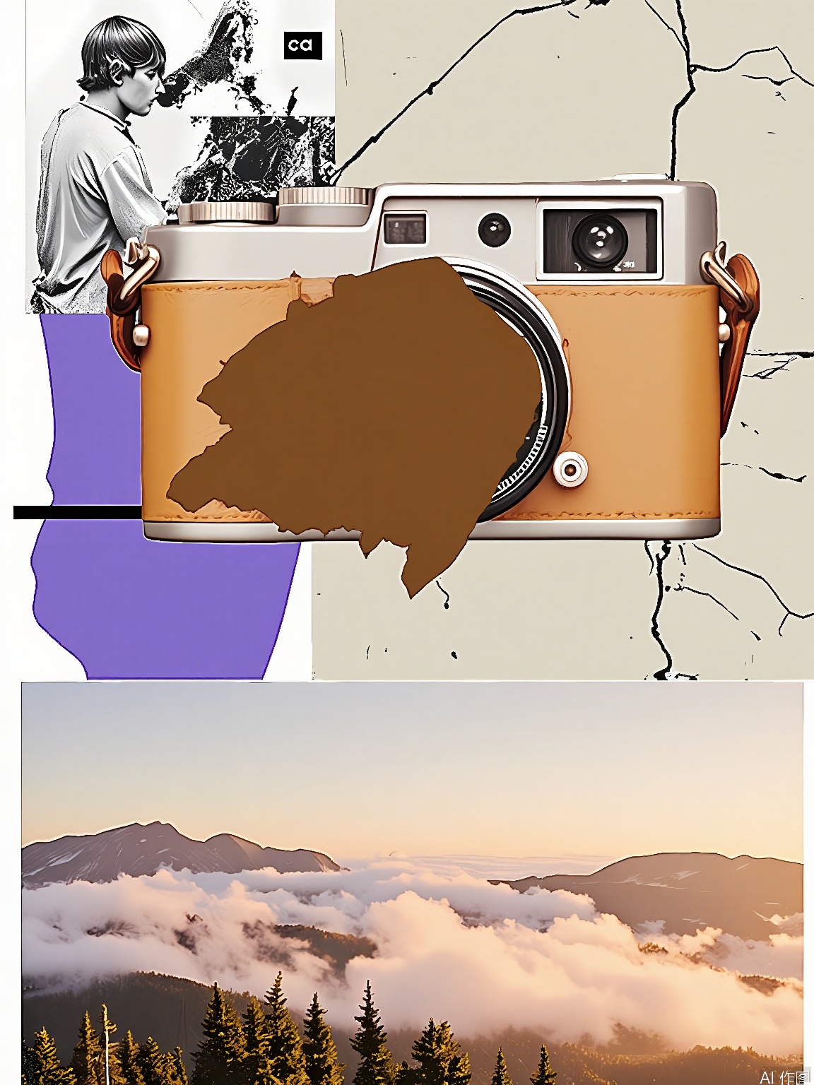 PTYS, Photograph of a mixed media collage, presenting a close - up of a vintage camera with a leather strap, partially covered by a large brown stain. The background consists of a grayscale picture of a street artist at work, a purple section with a white "c" and the text "dream big" in black, and a cracked, plaster - textured wall. The collage also has a section of a forest at dawn with mist rising from the ground. The overall composition is diverse and layered, blending various textures and hues.