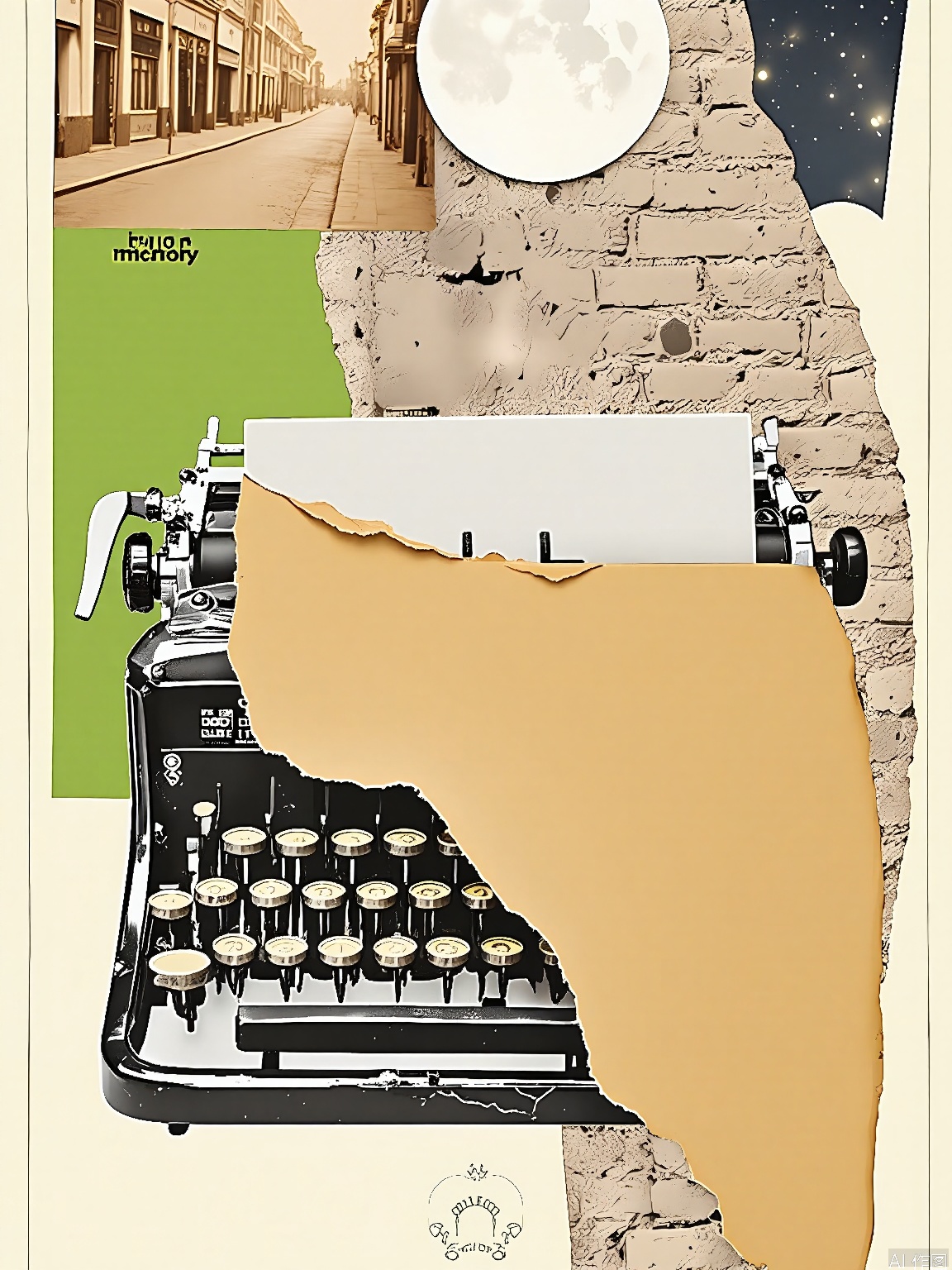 PTYS, Photograph of a mixed media collage, featuring a close - up of a vintage typewriter with its keys slightly worn, partially covered by a torn piece of yellowed newspaper. The background consists of a sepia - toned photograph of an old city street, a green section with a white "i" and the text "in memory" in black, and a rough, brick - textured wall. The collage also incorporates a section of a starry night sky with a bright crescent moon. The overall composition is diverse and multi - layered, blending various textures and hues.