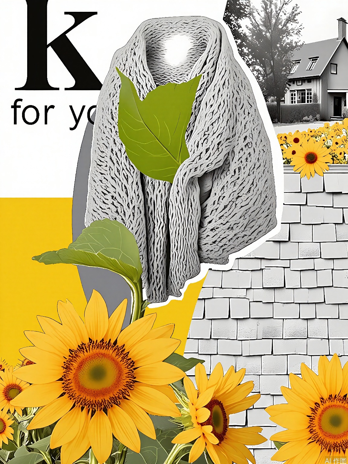 PTYS, Photograph of a mixed media collage, presenting a close - up of a hand - knitted scarf with intricate patterns, partially obscured by a large green leaf. The background includes a grayscale photograph of a country cottage, a yellow section with a black "k" and the text "for you" in white, and a textured, wooden - shingle wall. The collage also has a section of a sunflower field with bright yellow blooms. The overall arrangement is eclectic and rich in layers, combining different textures and colors.
