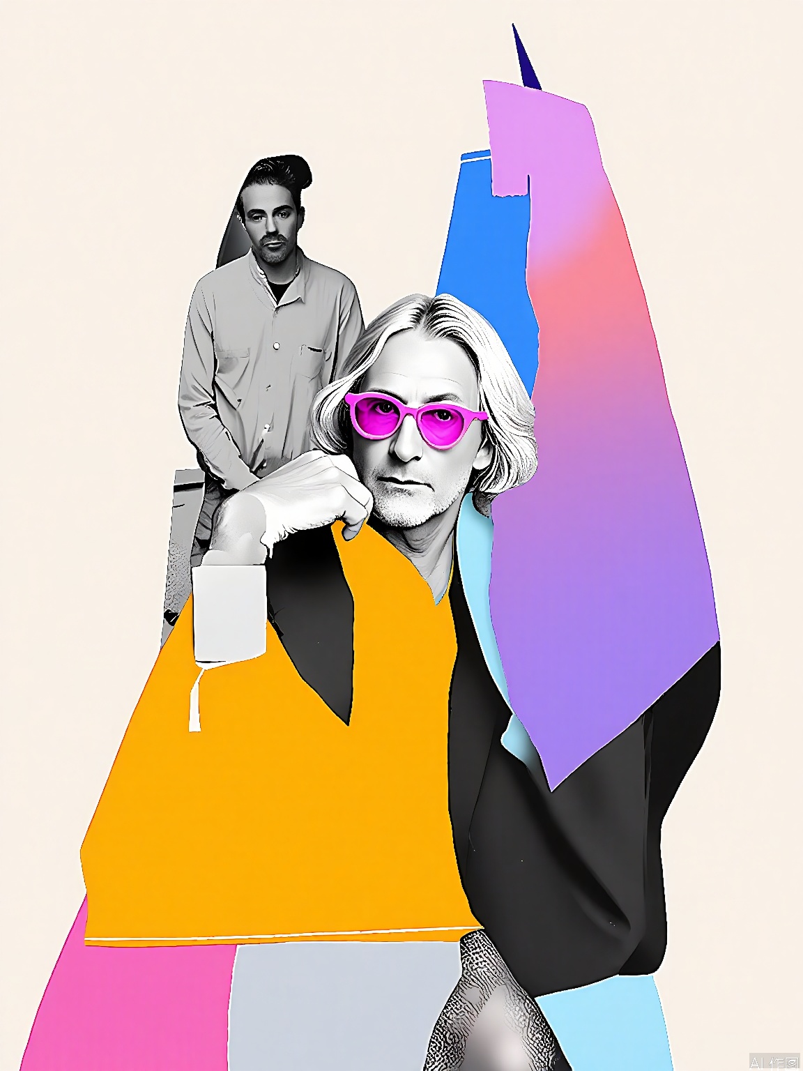 PTYS, Photograph of a man with a beard and short, wavy hair, wearing a black suit, a bright orange shirt, and pink sunglasses. He is seated and resting his head on his hand, looking directly at the camera. The background is a mix of abstract shapes and colors, including pink, blue, and yellow. The image is overlaid with a grayscale photo of the man, creating a layered effect. The overall aesthetic is playful and vibrant, with a modern, abstract art style.