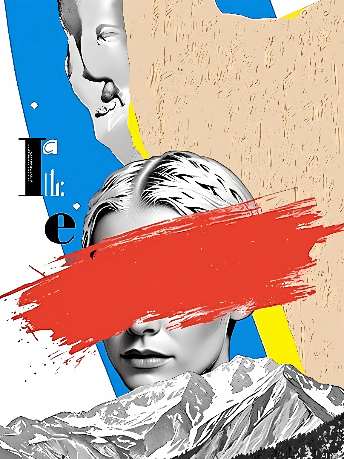 PTYS, Photograph of a mixed media collage, featuring a close-up of a person's face with braided hair, partially obscured by a large red brush stroke. The background includes a grayscale portrait of a woman, a blue section with a black "e" and the text "for him" in white, and a textured, distressed wall. The collage also includes a section of a mountain landscape with snow-capped peaks. The overall composition is eclectic and layered, with a mix of textures and colors.