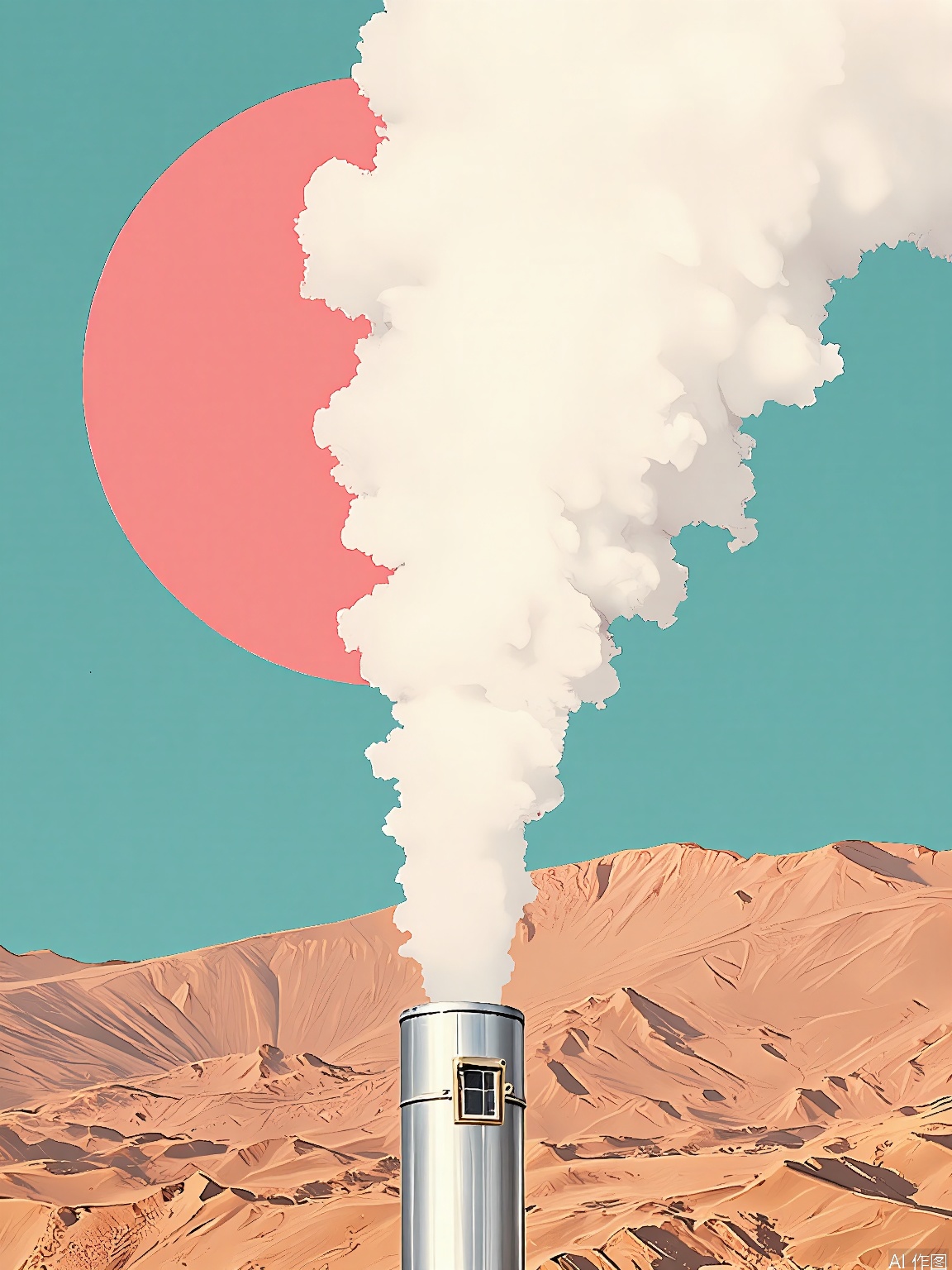 PTYS, A digital illustration featuring a stylized, minimalist landscape with a large, pinkish-red sun at the center, emitting a thick, white plume of smoke. The sky is a gradient of deep teal to lighter blue. In the foreground, a tall, metallic chimney with a small, square window at its base emits the smoke. The background includes a range of brown, rocky hills and mountains. The overall color palette is muted, with earthy tones dominating the landscape and a stark contrast created by the vivid smoke. The illustration has a grainy texture, giving it a retro, vintage feel.