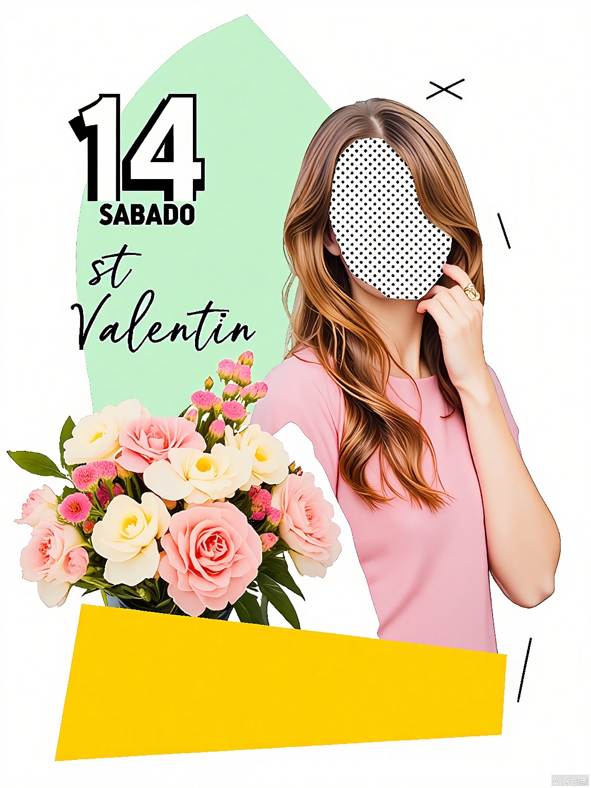 PTYS, A surreal, collage-style artwork featuring a woman with wavy brown hair, holding a bouquet of flowers. She is wearing a pink dress. The background includes a green grid pattern, a black line, and text "14 Sabado St. Valentin" in black and white. The artwork has a retro, vintage aesthetic with a yellow rectangular frame at the bottom. The overall style is eclectic and abstract, blending different artistic elements.