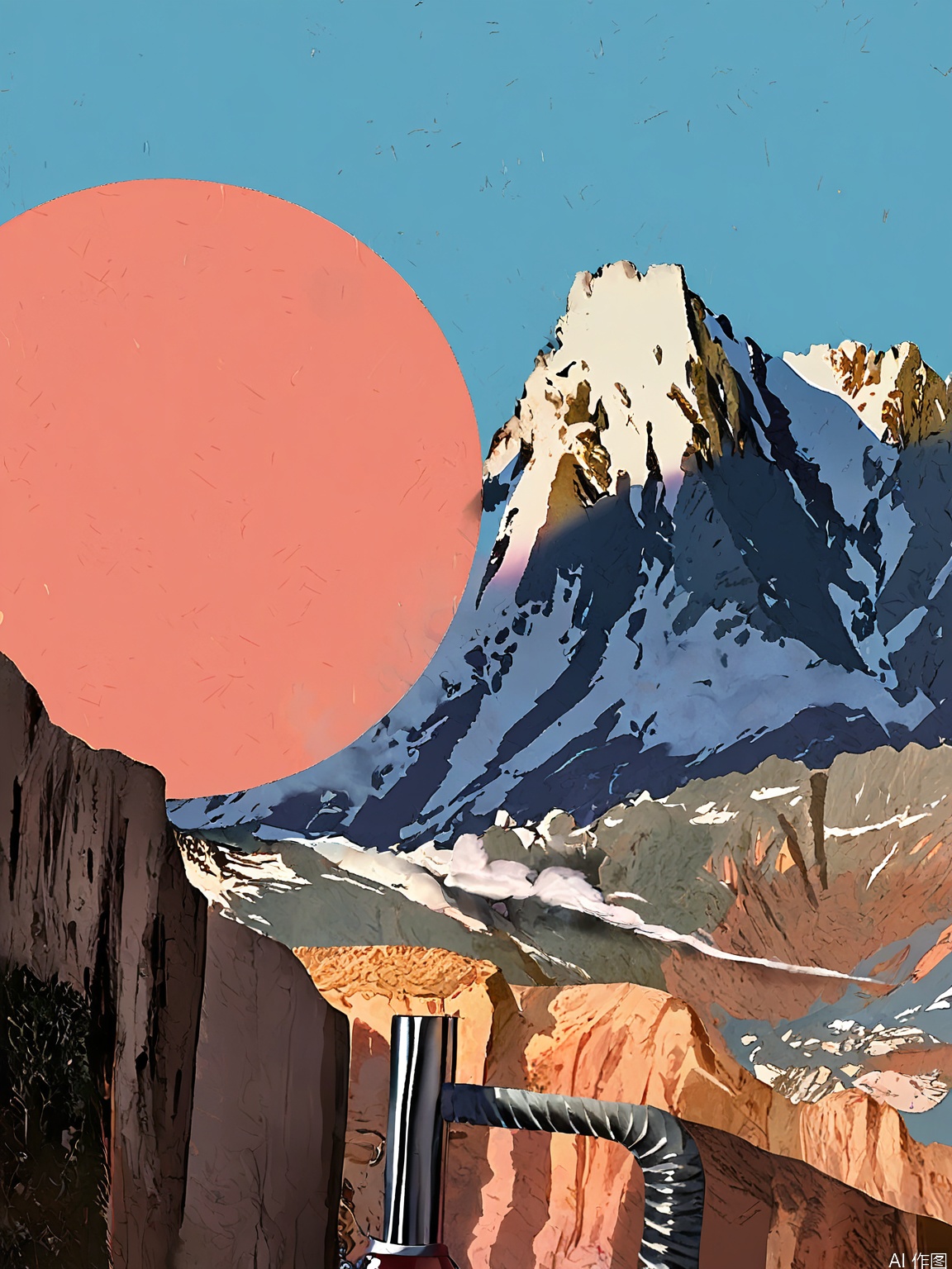 PTYS, A digital illustration featuring a stylized, minimalist landscape with a large, pinkish-red sun at the center, emitting a thick, white plume of smoke. The sky is a gradient of deep teal to lighter blue. In the foreground, a tall, metallic chimney with a small, square window at its base emits the smoke. The background includes a range of brown, rocky hills and mountains. The overall color palette is muted, with earthy tones dominating the landscape and a stark contrast created by the vivid smoke. The illustration has a grainy texture, giving it a retro, vintage feel.
