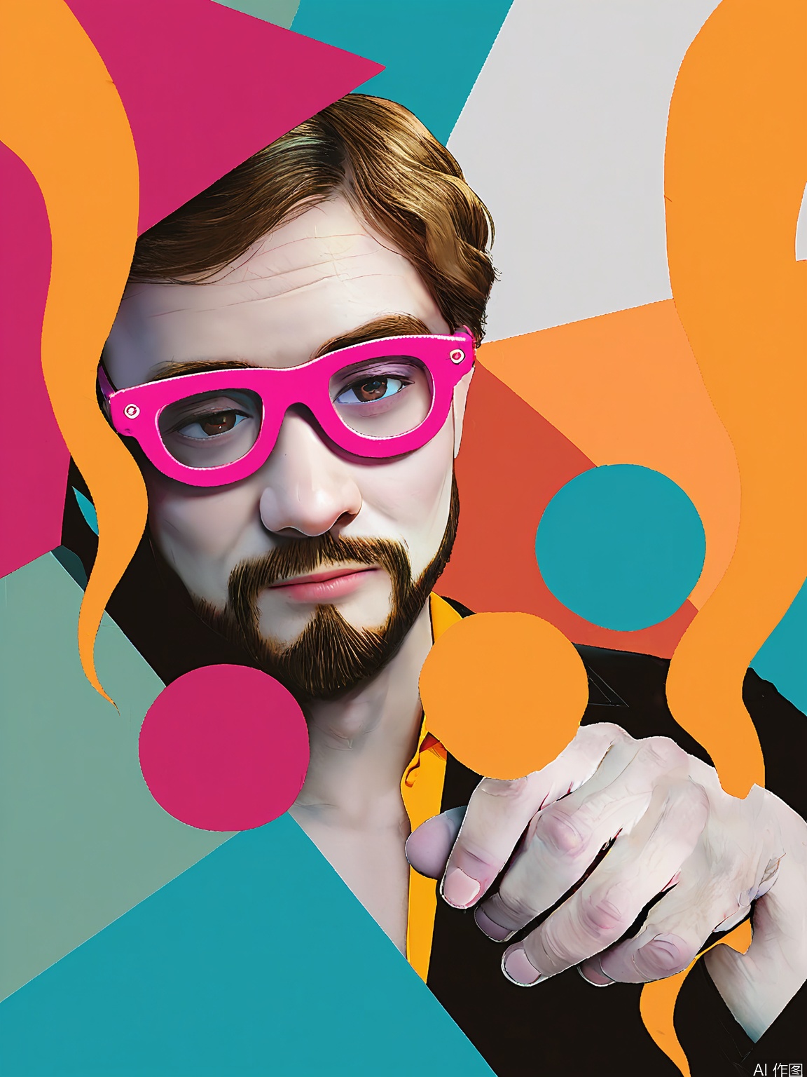 PTYS, Photograph of a man with a beard and short, wavy hair, wearing a black suit, a bright orange shirt, and pink sunglasses. He is seated and resting his head on his hand, looking directly at the camera. The background is a mix of abstract shapes and colors, including pink, blue, and yellow. The image is overlaid with a grayscale photo of the man, creating a layered effect. The overall aesthetic is playful and vibrant, with a modern, abstract art style.
